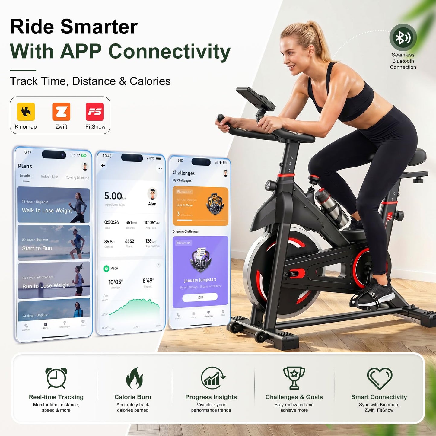 Exercise Bike with APP, Stationary Bike for Home, Workout Bike for Adults & Seniors, Indoor Cycling Bike with Adjustable Resistance, Low Noise, Easy Assembly, 265LB Weight Capacity, Black&Red