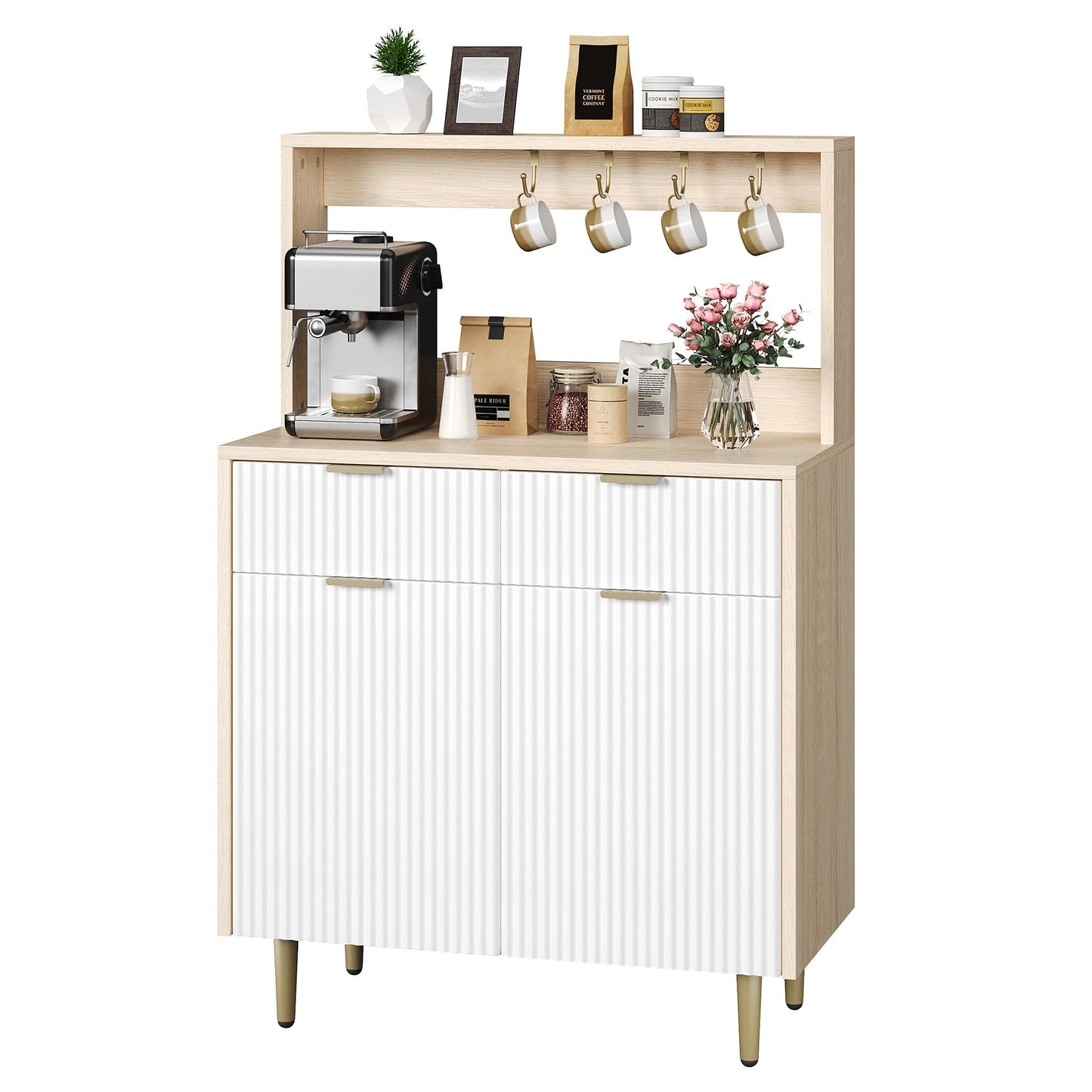 GarveeHome Fluted Sideboard Buffet Cabinet with Storage, Small Modern Coffee Bar Cabinet with Adjustable Shelves & 2 Drawers, Wood Buffet Console Table for Kitchen Dining Room Living Room