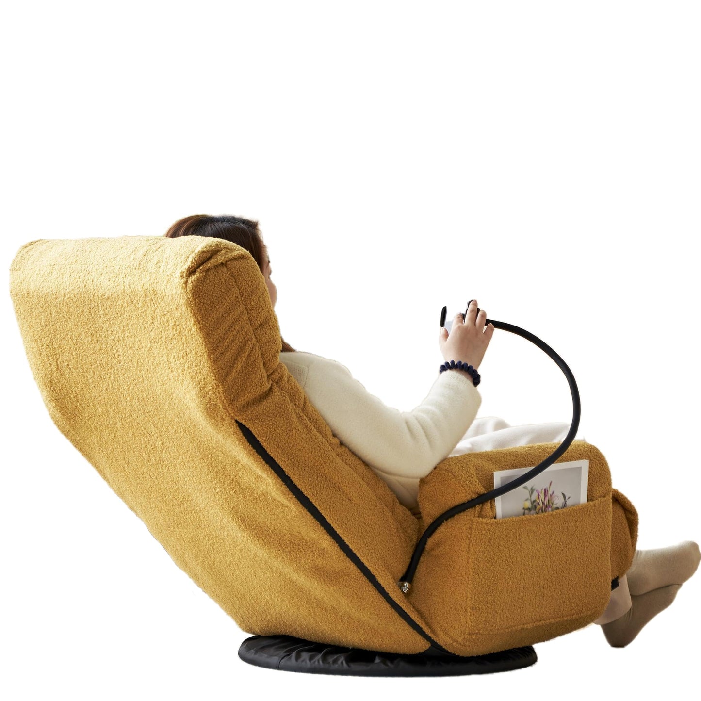 Noble House Home Furnishings Gwen Upholstered 360° Swivel Chair, Lounge Chair with Adjustable Backrest/Headrest, Metal Frame Living Room Lounge Sofa and Phone Holder, Comfy Bean Bag Chair, Yellow