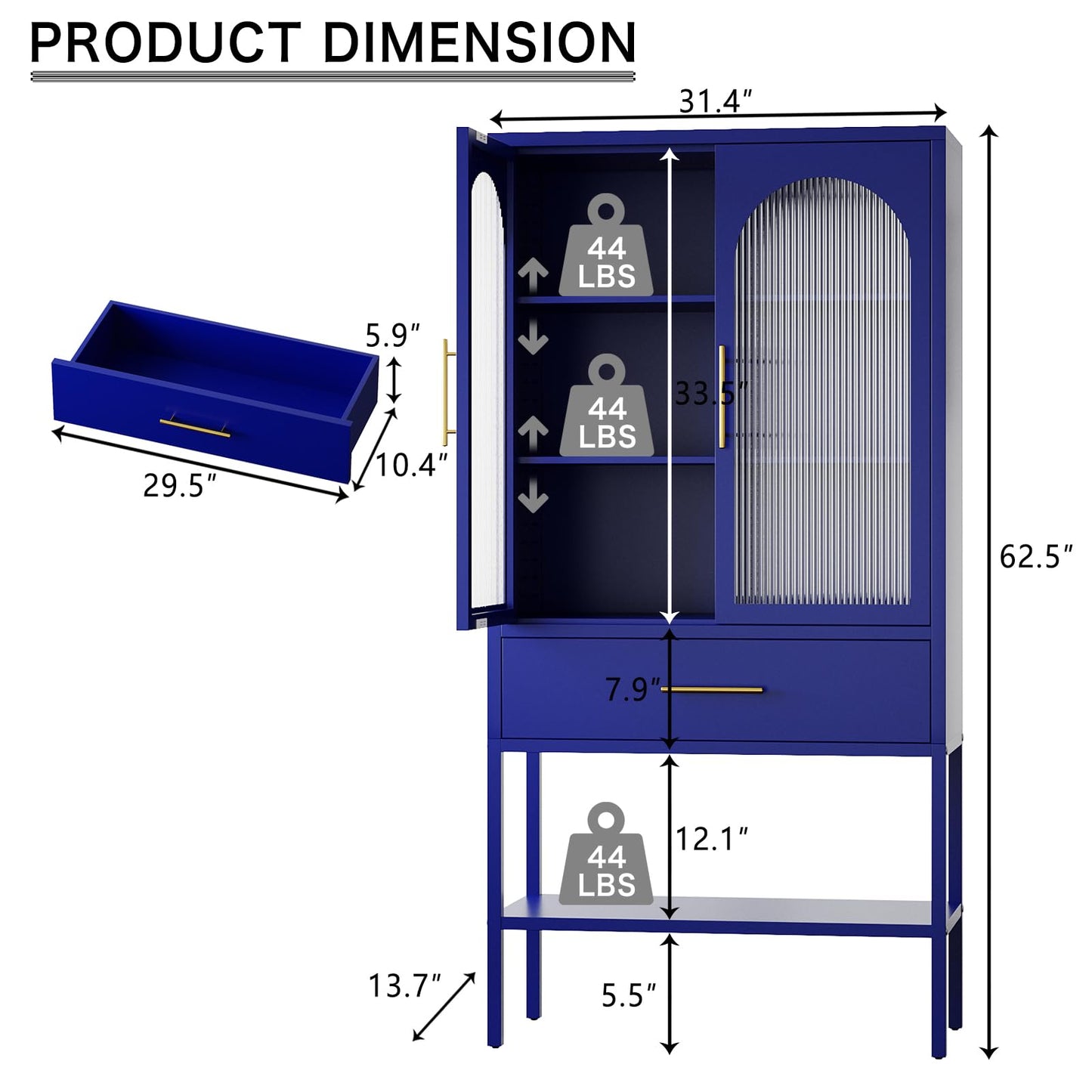 ALBAD 63 Inch Tall Metal Pantry/Display/Storage Cabinet with Fluted Glass Doors and Drawer & Adjustable Shelf for Modern Home Office Living Room Kitchen Blue