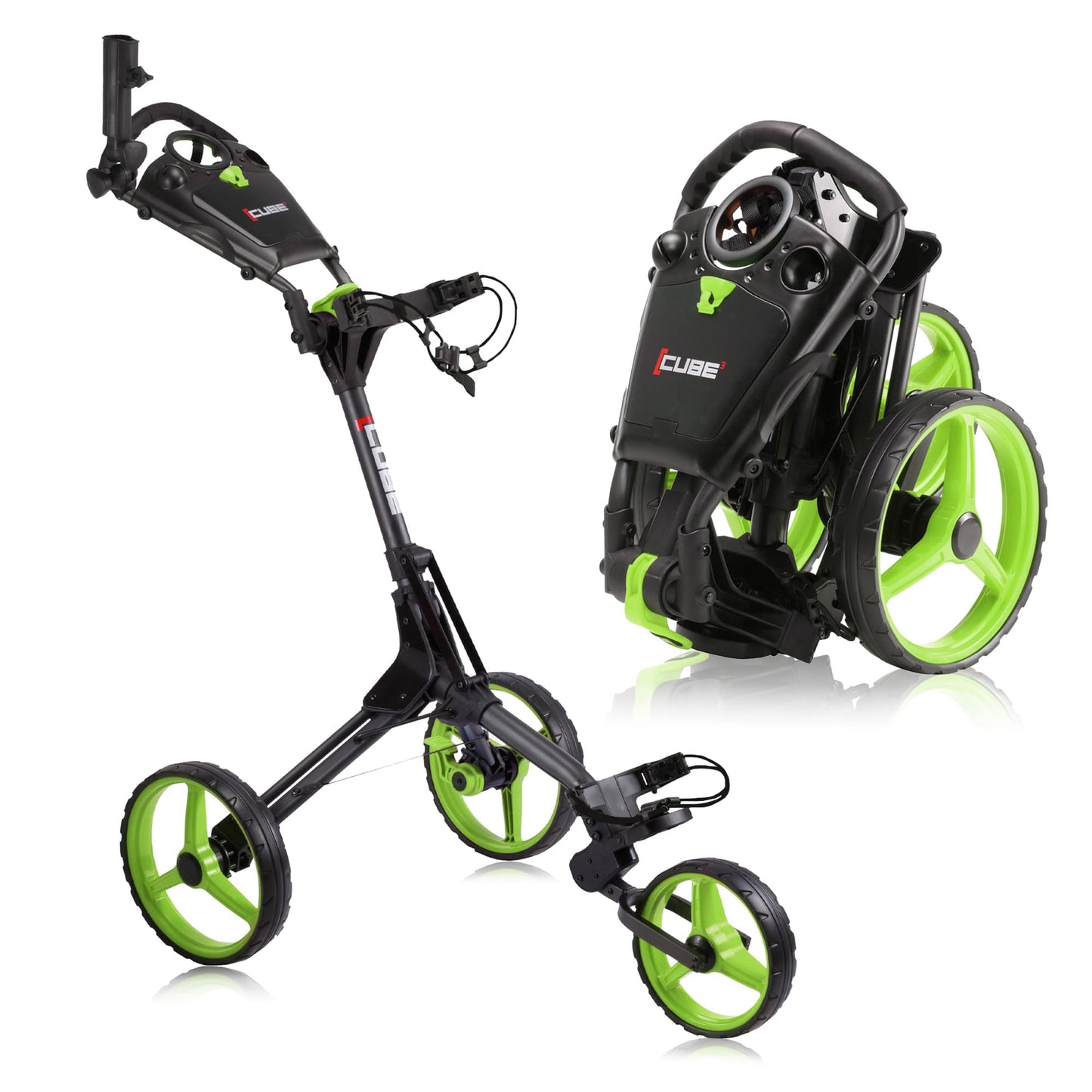 CUBE CART 3-Wheel Golf Push Cart – Ultra-Compact 14.5 lb Folding Golf Trolley, Two-Step Fold, Adjustable Handle, Foot Brake, Umbrella Holder & Built-in Storage - Charcoal/Lime