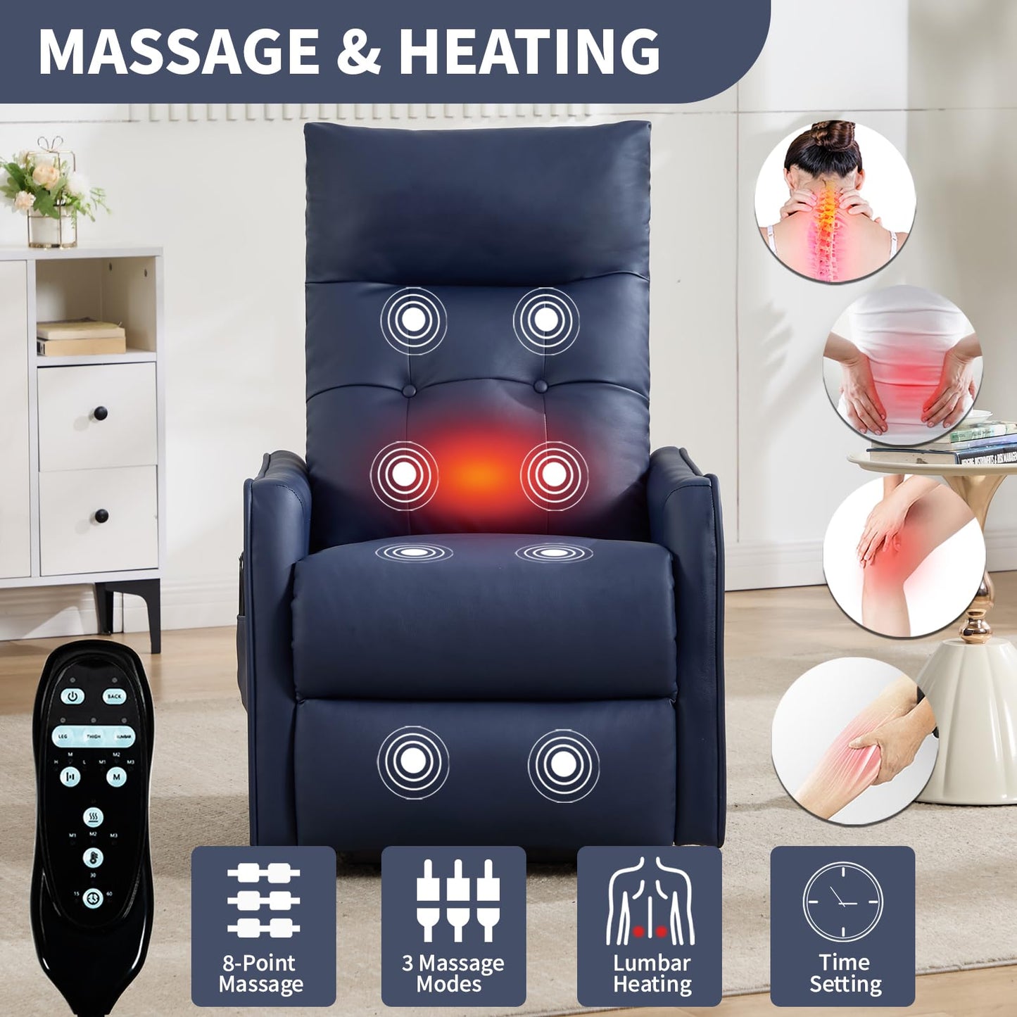 KEIKI Single Motor Power Lift Recliner Chair with Massage and Heat for Living Room, Synthetic Leather Upholstery with USB Charging Port and Side Pockets for Seniors