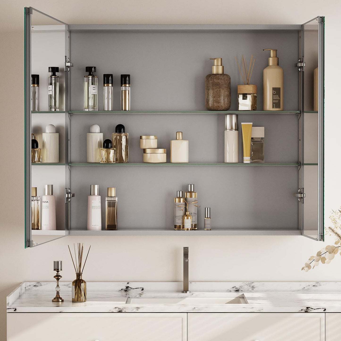 VETROVUE Bathroom Medicine Cabinet with Mirror, 30 Inch x 26 Inch Bathroom Mirror Cabinet with Double Door & Adjustable Shelves, Surface Mount or Recess Installation