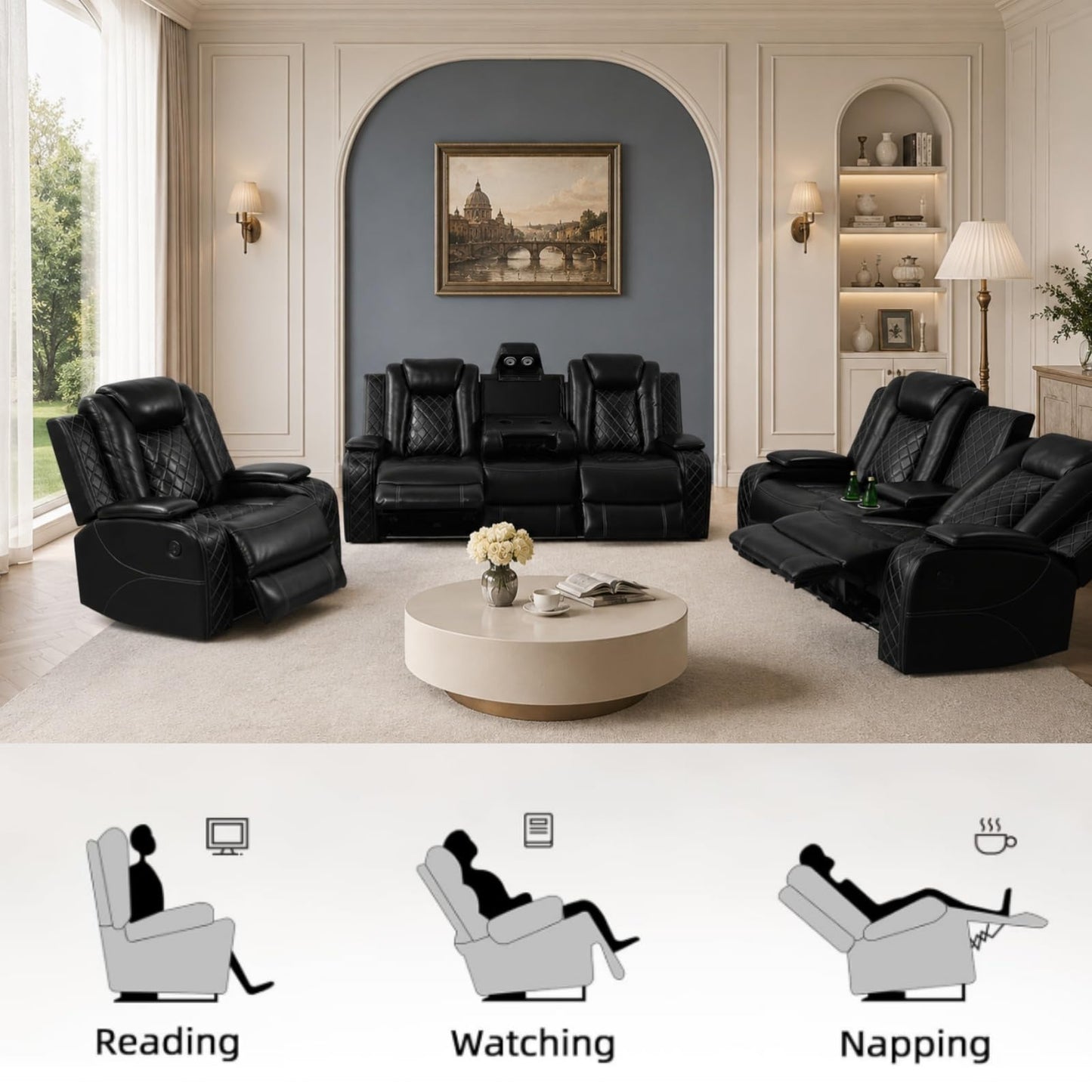 Trygoal Recliner Sofa Set, Breathing Leather 3-Piece Reclining Couch Set with Wireless Charger & LED Ambient Lighting, Home Theater Seating with Storage & Cup Holders, Movie Night Couch, Black