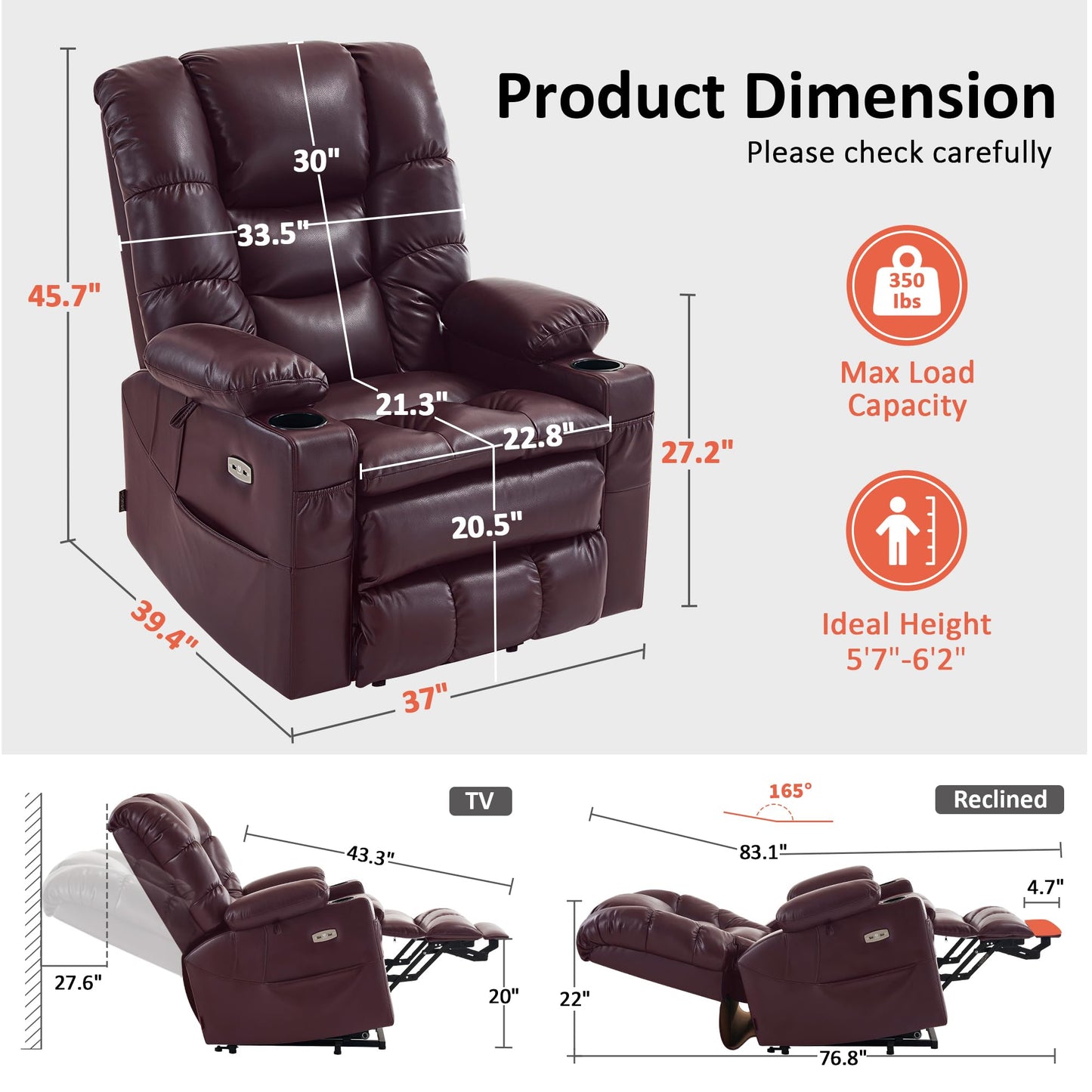 MCombo Triple Motor Lay Flat Power Lift Recliner Chair for Tall Elderly, Infinite Position, Massage, Dual Heating, Adjustable Headrest, Faux Leather 7634 (Wine, Large)