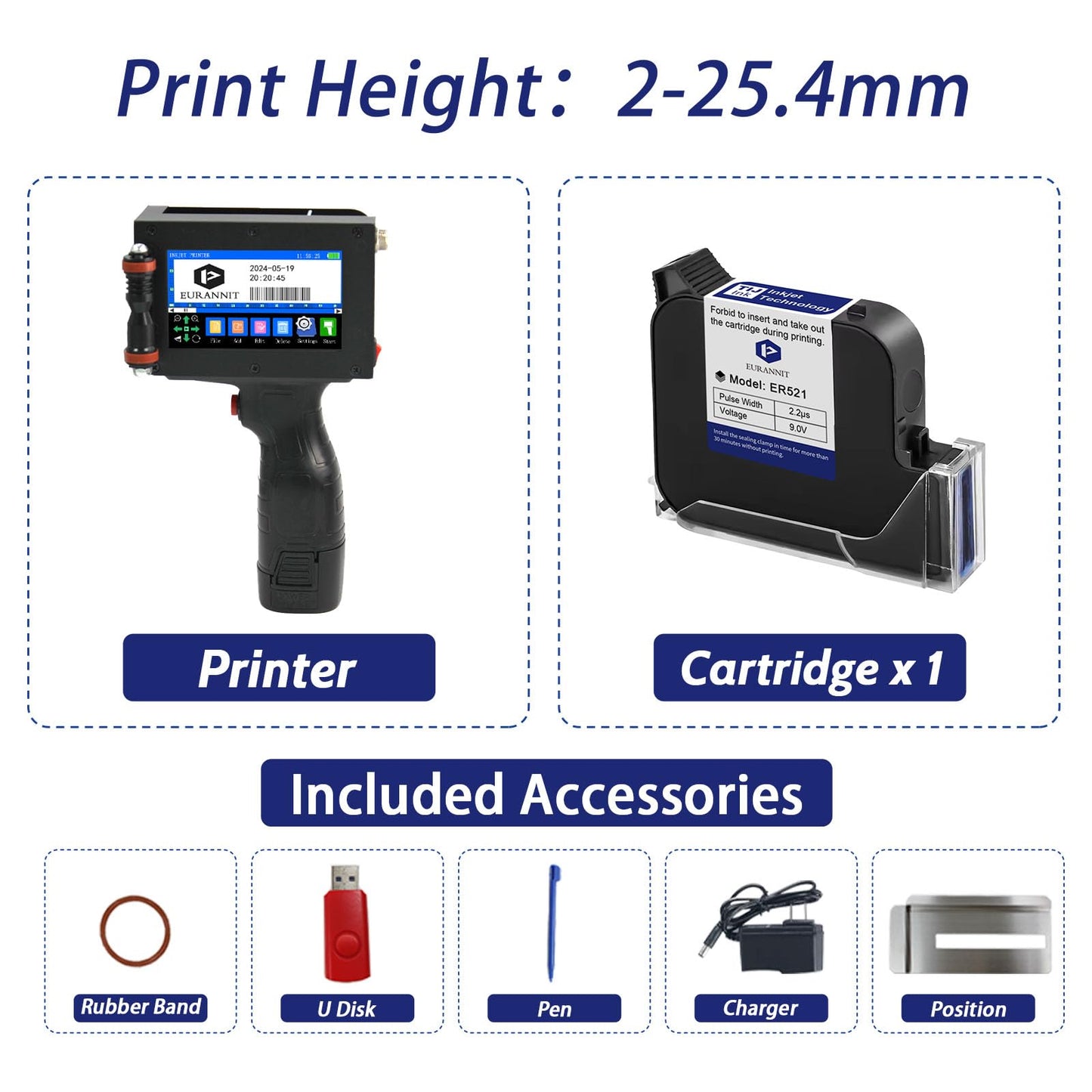 Eurannit E16-1 Handheld Inkjet Printer, 1" Portable Smart Printer with ER521 Original Fast-Drying Ink, 360° Date Coder Printing Machine for Text/Barcode/Number/Image/Date Printer for Any Surface