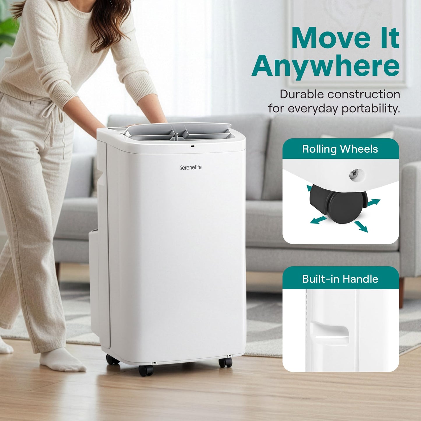 SereneLife Small Air Conditioner Portable 14,000 BTU with Built-in Dehumidifier - Portable AC unit for rooms up to 650 sq ft - Remote Control, Window Mount Exhaust Kit