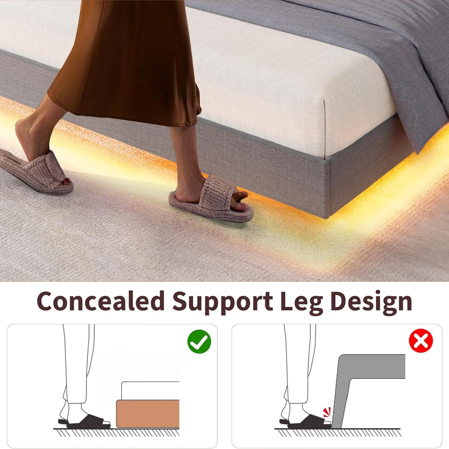 IDEALHOUSE Queen Size Floating Bed Frame with LED Lights & Charging Station – Upholstered Platform Bed with Storage Headboard, No Box Spring Needed, Easy Assembly, Grey