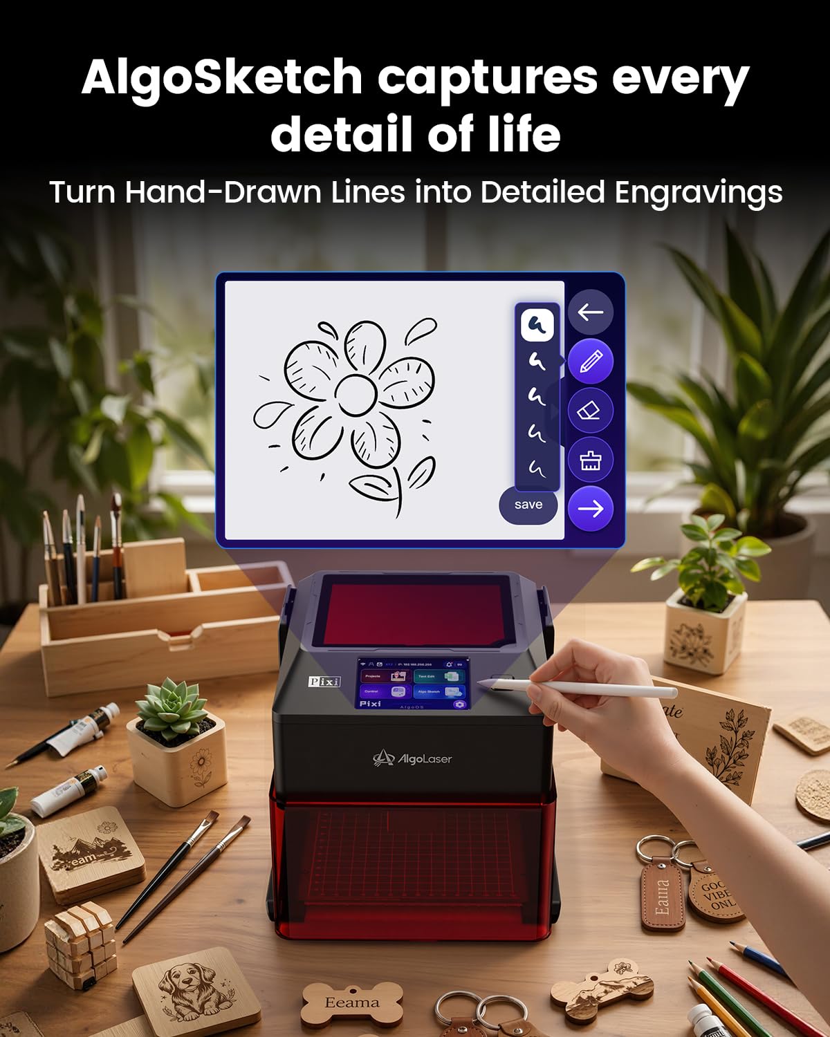 AlgoLaser Pixi Smart Laser Engraver - 10W Portable Laser Engraver Machine with 3.5" Touchscreen & AlgoOS System & APP - Laser Engraving for Wood, Acrylic, Glass, Beginner & DIY Gift & Small Business