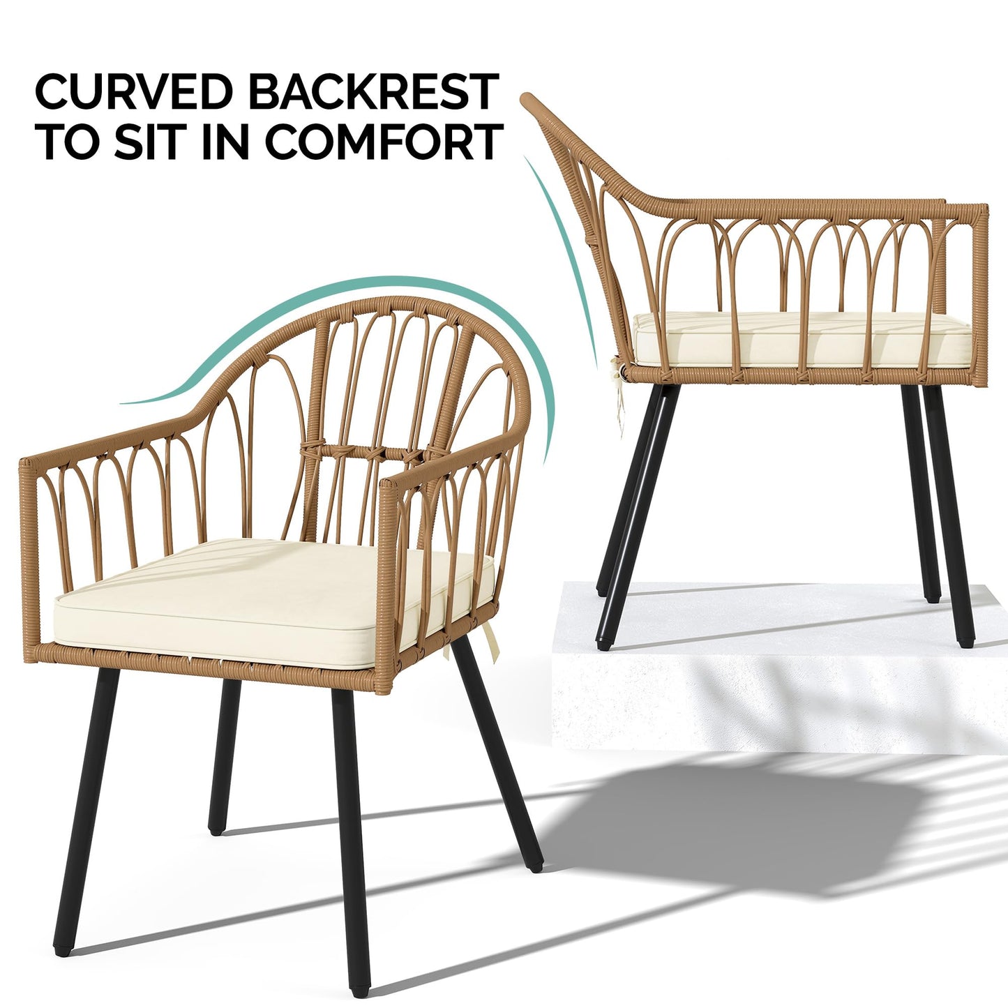 YITAHOME 4 Pieces Rattan Wicker Dinning Chairs, Outdoor Indoor Patio Furniture Set with Cushion and Curved Back All Weather Bistro Chair for Garden Backyard Porch Poolside Restaurant (Beige)