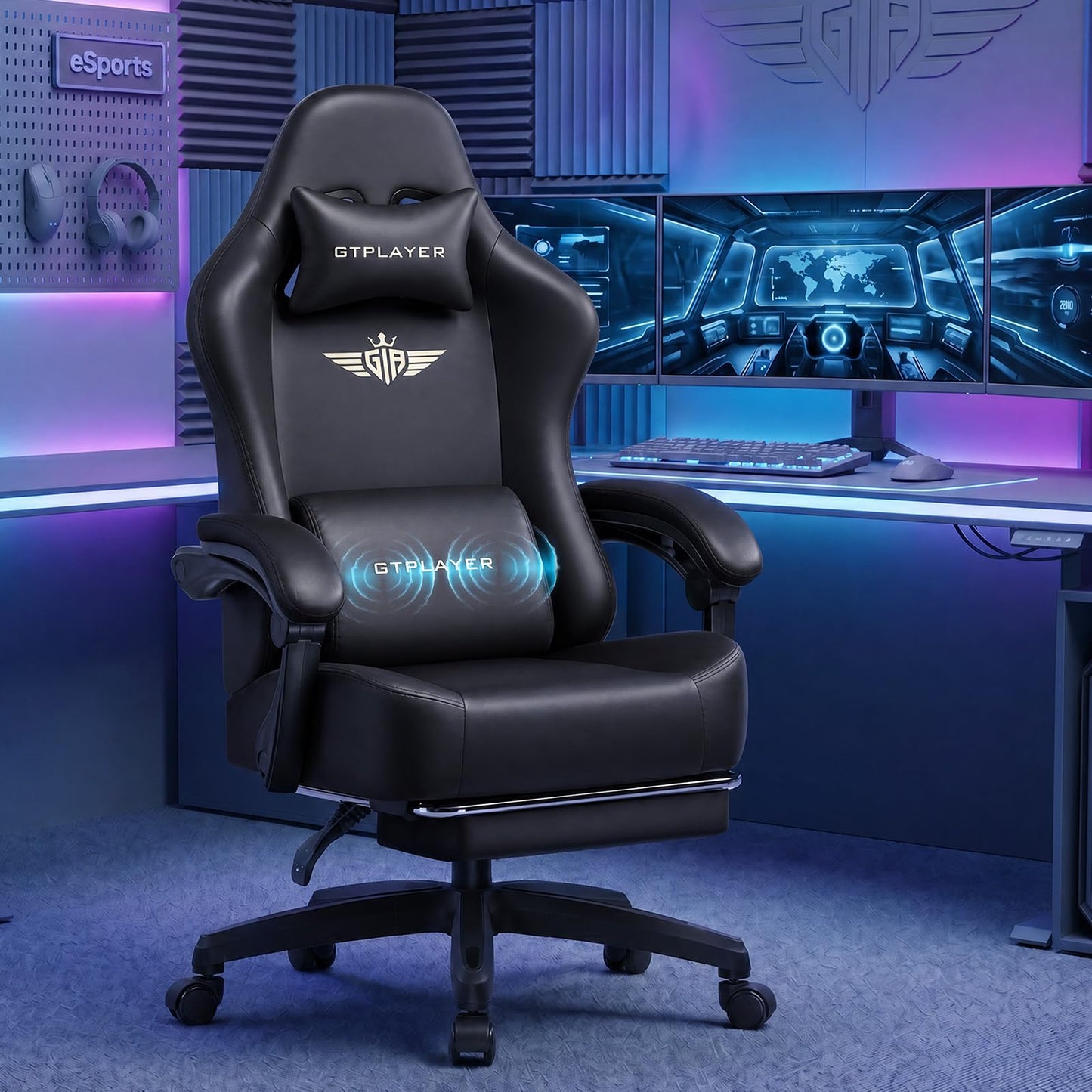 GTPLAYER Big and Tall Gaming Chair 400lbs Heavy Duty Office Chair with Footrest, High Back Pocket Spring Ergonomic Computer Chair for Adults, Wide Cushion with Linkage Armrests,Leather Black-Massage