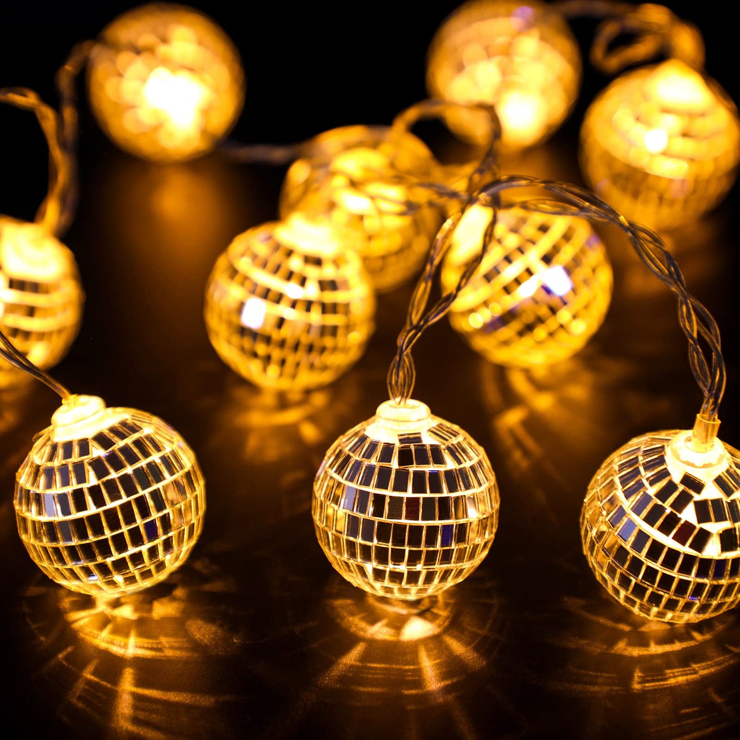 BBTO LED Disco Ball String Light, 10 Pcs, 2 Inch, Warm Color, Battery Powered, Model BBTO-Disco Ball-92