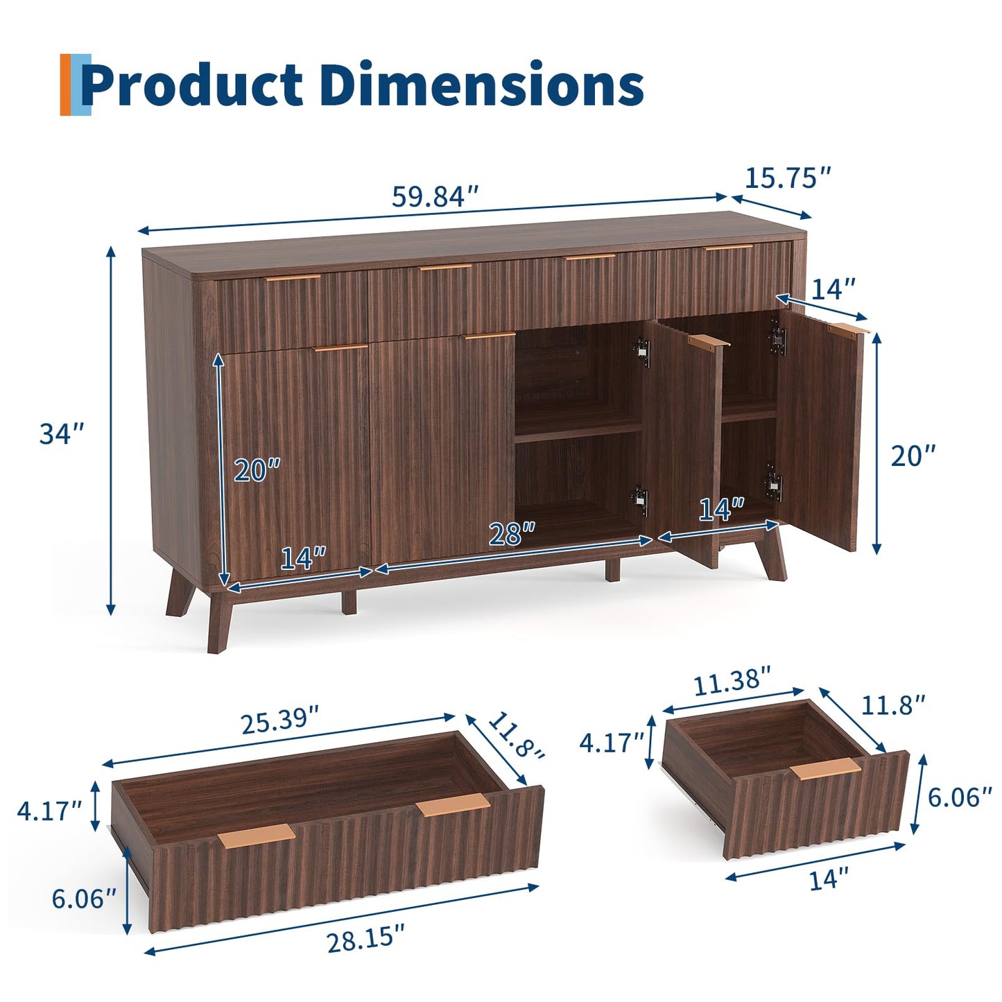 GarveeHome 60" Large Farmhouse Sideboard Buffet Cabinet with Storage Drawers & Adjustable Shelves, Wood Fluted Buffet Storage Cabinet & Coffee Bar Console Table for Living Room & Kitchen Dining Room