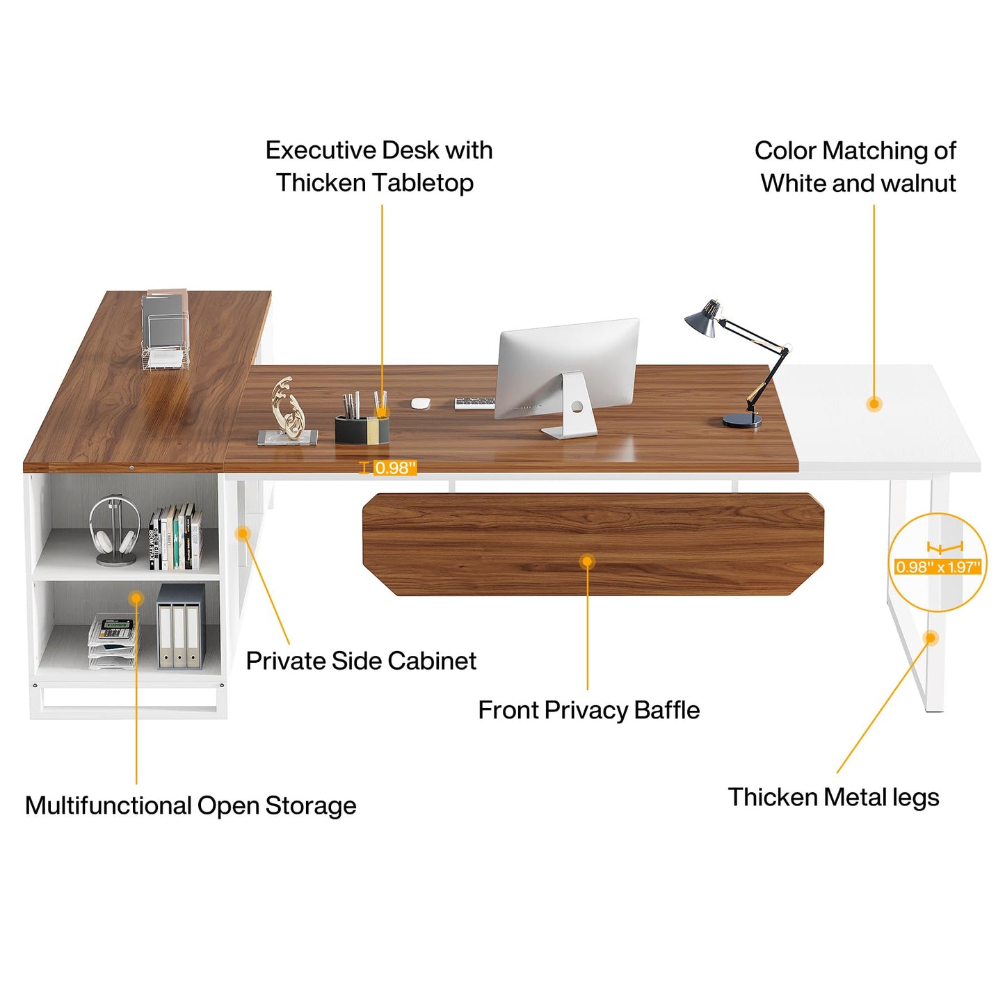 Tribesigns 70.8" L-Shaped Executive Desk with 55" File Cabinet, Large Home Office Computer Desk with Storage Shelves and Cabinet, Modern Business Furniture Set Home Office, Walnut White