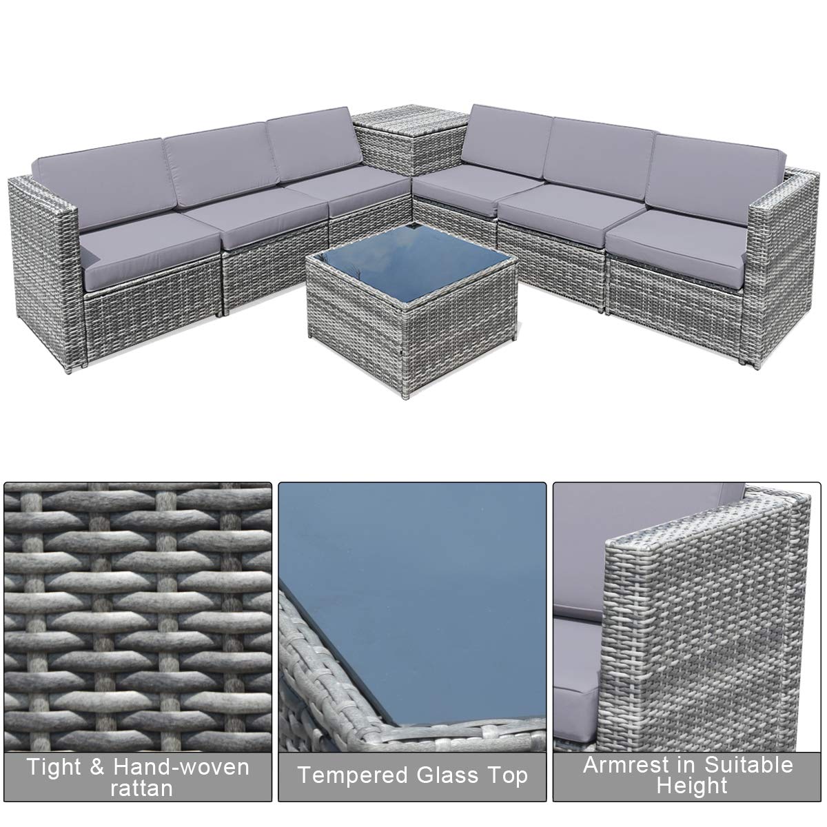 Tangkula 8 PCS Outdoor Patio Furniture Set, Rattan Wicker Sofa Set, Sectional Sofa Couch Conversation Set w/Storage Table and 12 Zippered Cushions for Garden Backyard Poolside (Grey)