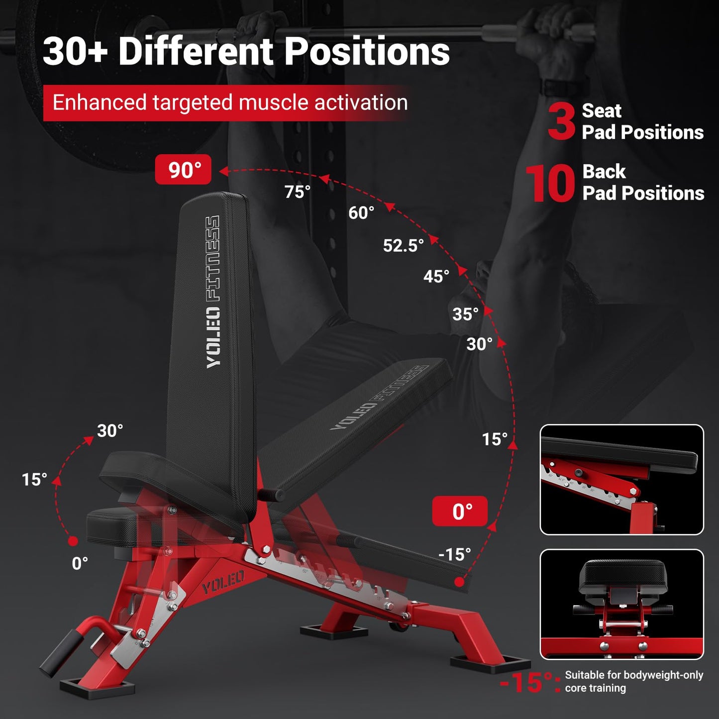 YOLEO Commercial Adjustable Weight Bench 2315LB ASTM Certified – 80% Pre-Assembled Heavy Duty Workout Bench for Home Gym, Decline/Flat/Incline Bench Press, 2.4" Thick Pad & 2 Wheels