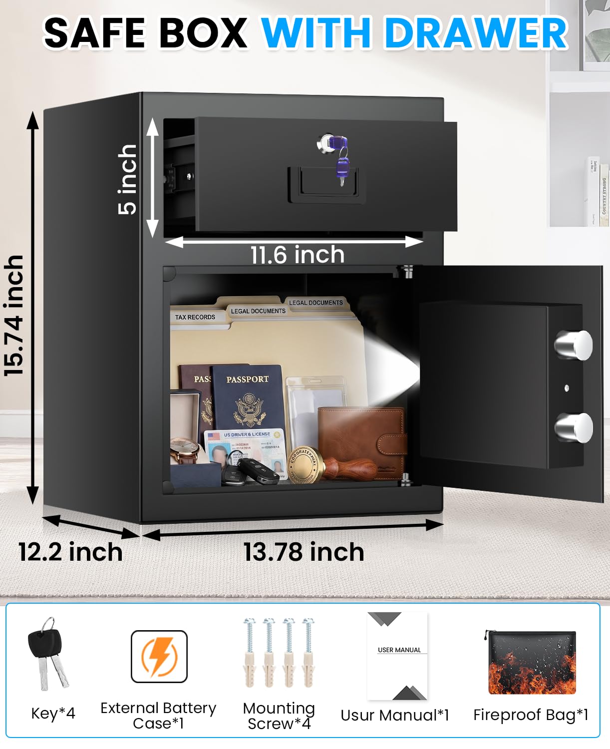 2.8 Cuft Safe Box for Home Documents, Anti-Theft Home Safe with Fireproof Bag, Drawer, Digital Backlit Keypad, Spare Key, Smart Alarm & Mute Function, Safes for Home Office of Money Valuable Jewelry