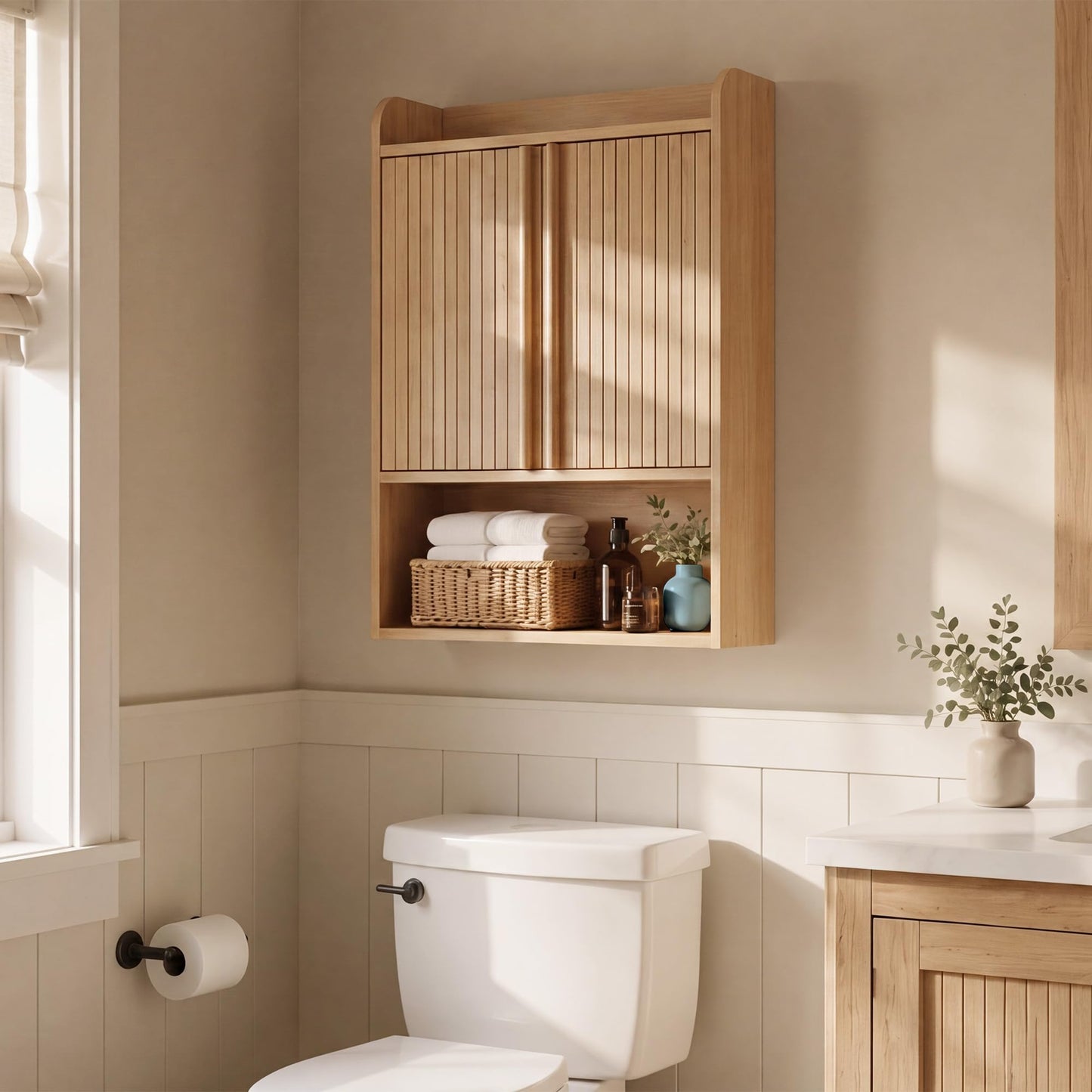 VANIRROR Bathroom Wall Cabinet, 24 x 9.3 x 33 in Wood Finish Wall Mounted Medicine Storage Organizer with Fluted Doors, Raised-Edge Top, Over Toilet Cabinet for Laundry Kitchen