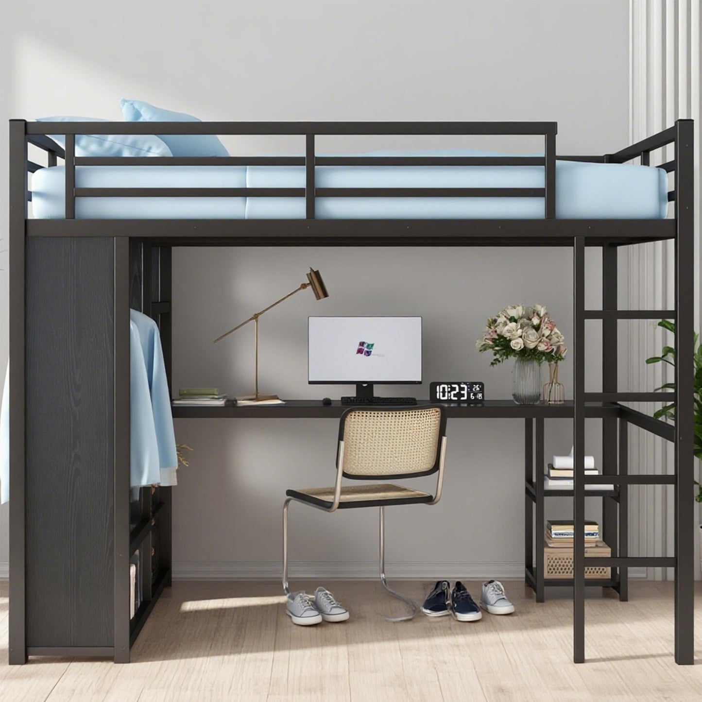 Bellemave Metal Full Size Loft Bed with Desk and Wardrobe,Heavy Duty Loft Bed Frame with Storage Shelves for Kids,Teens,Adults, Space Saving,Black