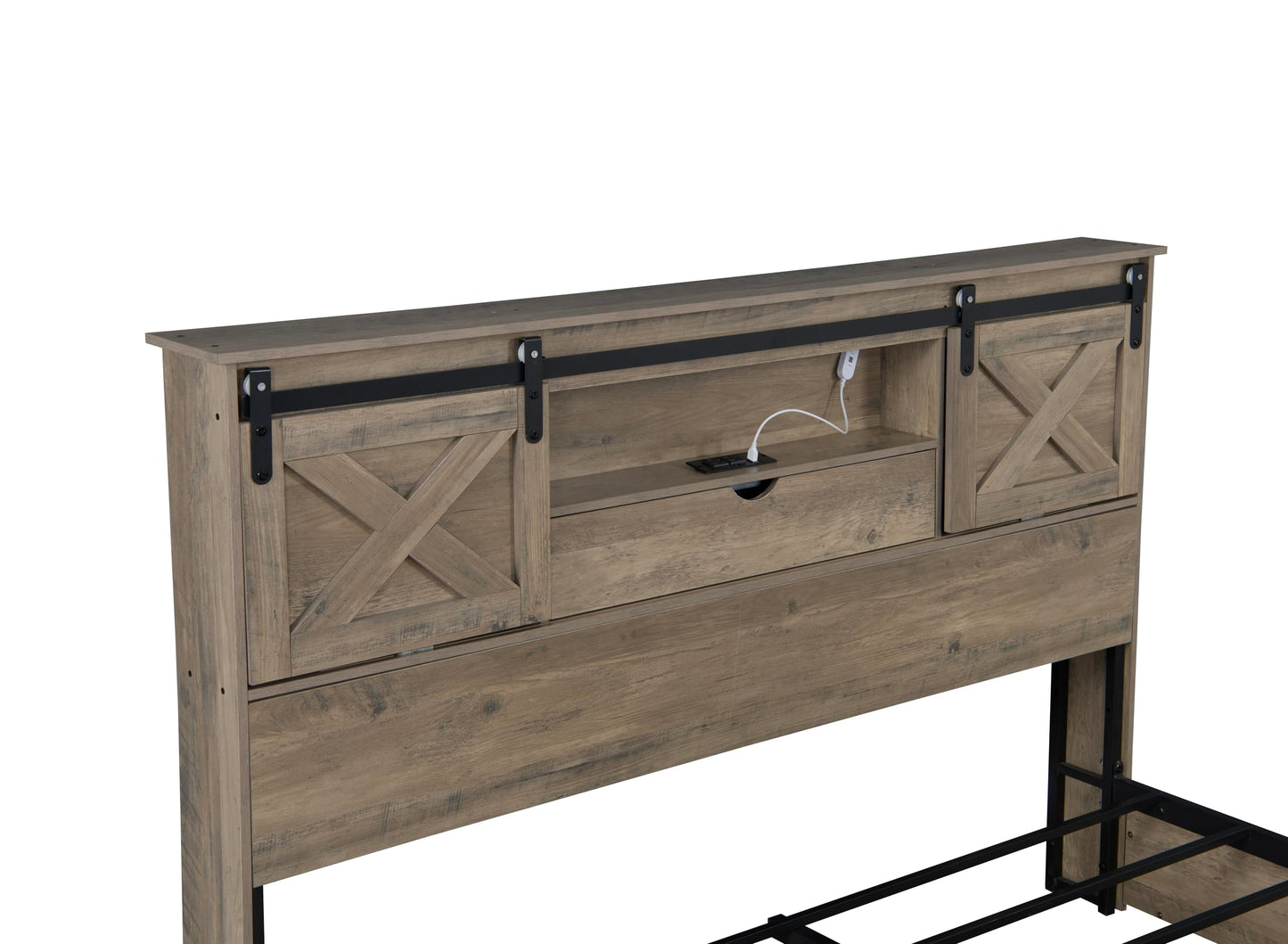 KEIKI Farmhouse Queen Bed Frame with Storage Headboard & Drawers, Rustic Wooden Platform Bed with Sliding Barn Door Design, Modern Bedroom Furniture, No Box Spring Needed, Noise Free, Grey