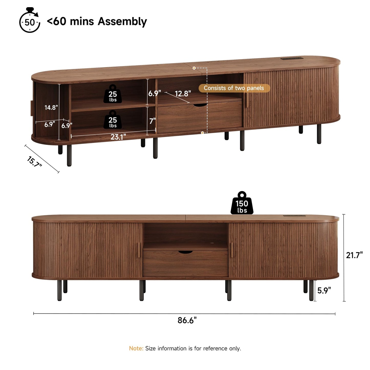 ONBRILL 86.6" TV Stand with Power Outlet for TVs up to 90", Entertainment Center with Storage and Drawer, TV Console with Adjustable Shelves and Sliding Door, TV Stand for Living Room, Bedroom, Walnut