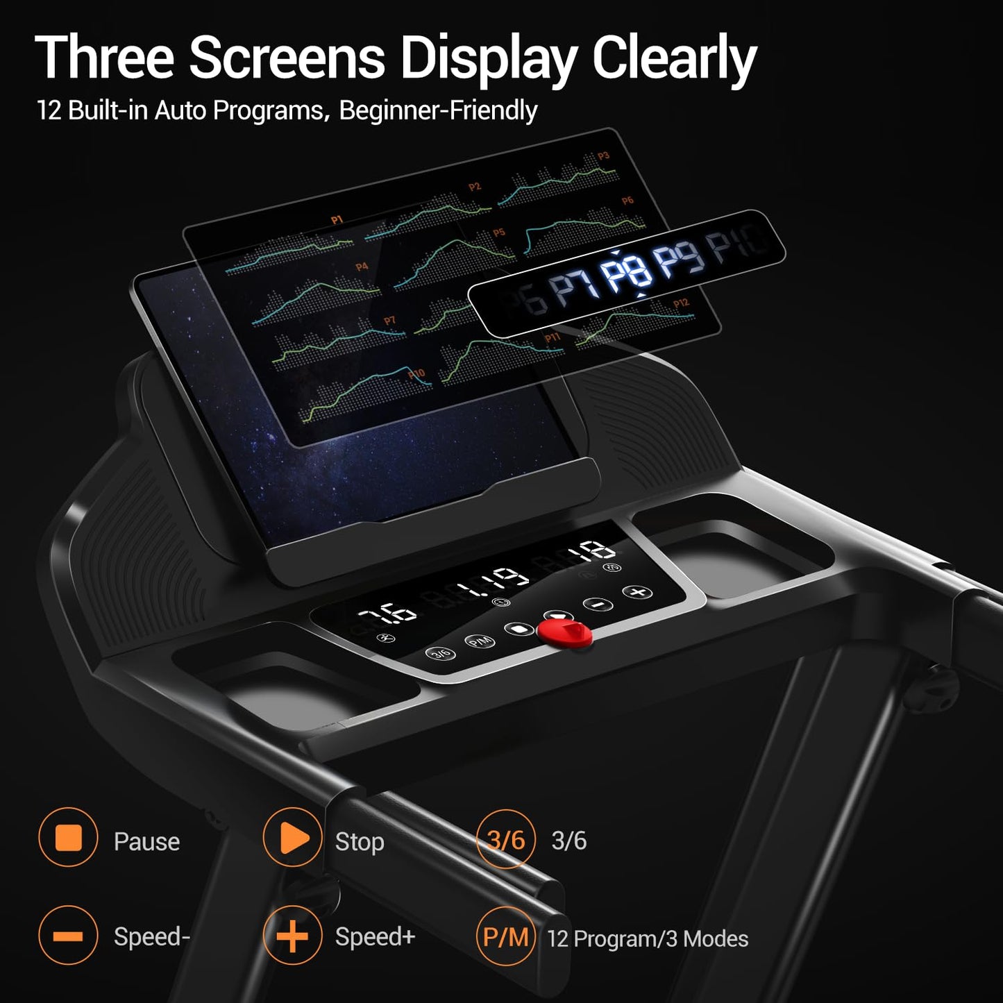 16% Treadmills for Home with Handle, 3 in 1 Portable Treadmill with Incline, Foldable Treadmill with Three Screen, 12 Preset Programs, 400LBS