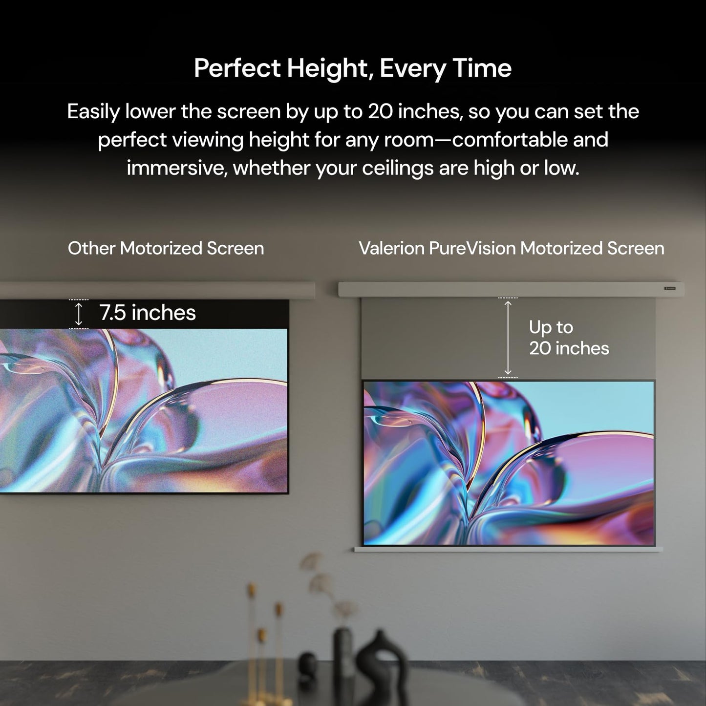 Valerion 120" PureVision Motorized Projector Screen, Laser Speckle Reduction, Auto-Sync with Projector, 4K/8K UHD Ready, 20" Adjustable Drop, Black Backing for Enhanced Contrast, Long Throw Only