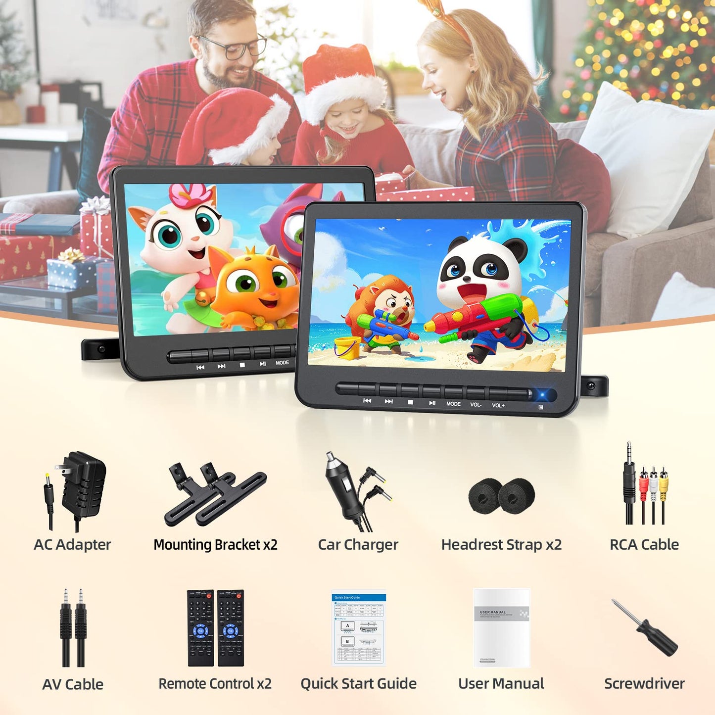 DESOBRY 10" Dual Portable DVD Player for Car, Car DVD Player Dual Screen with 1080P HD Screen, Headrest Travel System with HDMI Input, AV Out with Mount Brackets and Straps