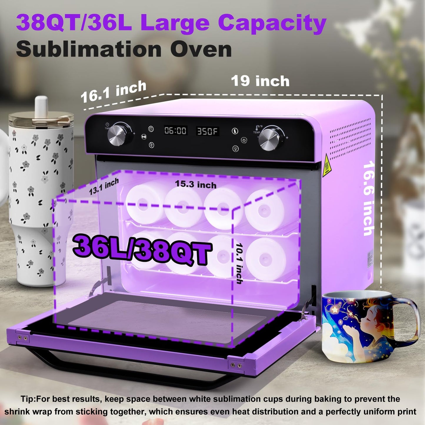 Sublimation Oven Machine with Fast Preheat & Precise Temperature,38QT/36L 120V 1800W Large Capacity for Sublimation Tumblers,Mugs,Bottles,Full Wrap Printing,Includes Gloves & Tape,Digital Touch Screen