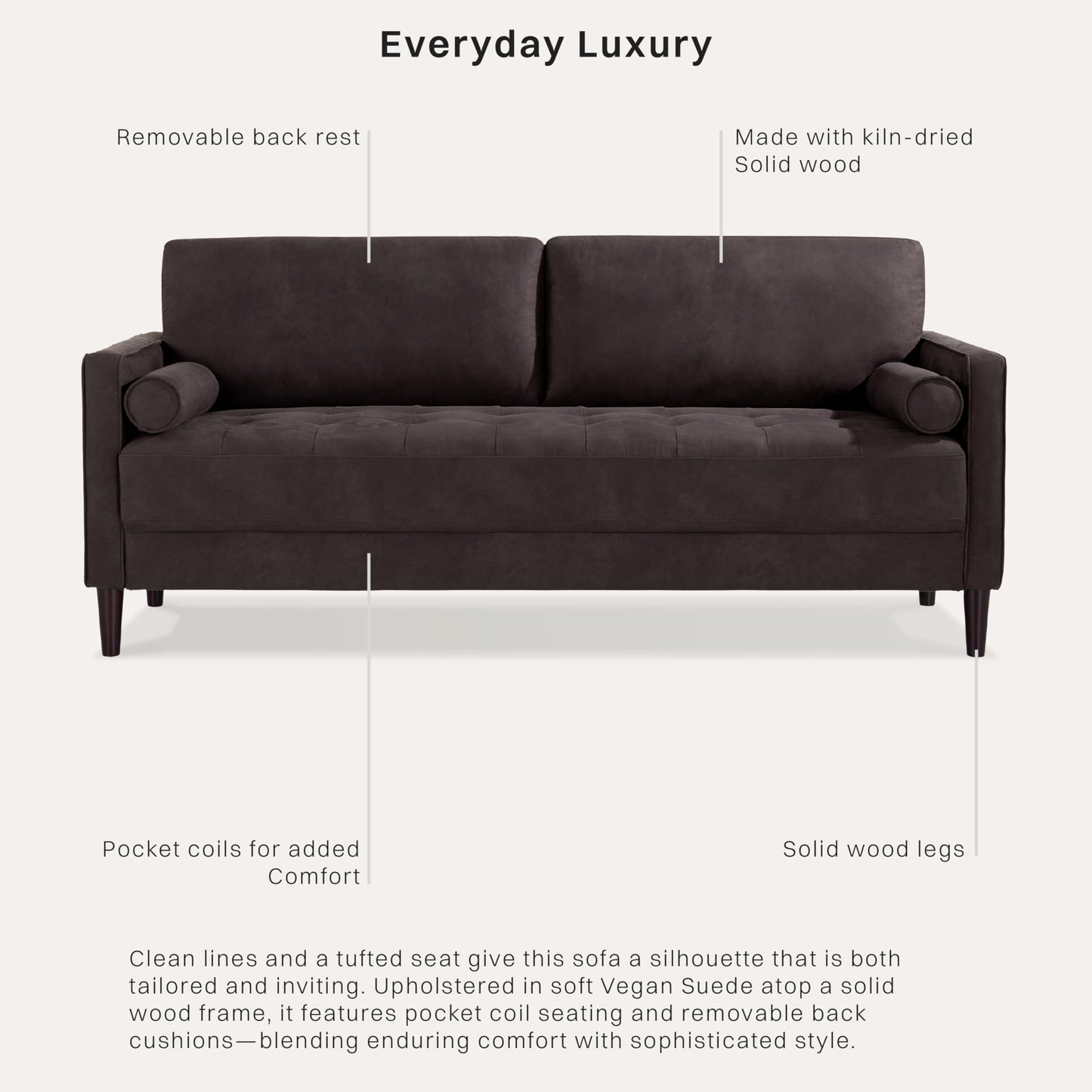 Studio Living® Lexington 75.6" Sofa, Modern Design, Pocket Coil Comfort, Easy Assembly, Faux-Suede Fabric, Charcoal