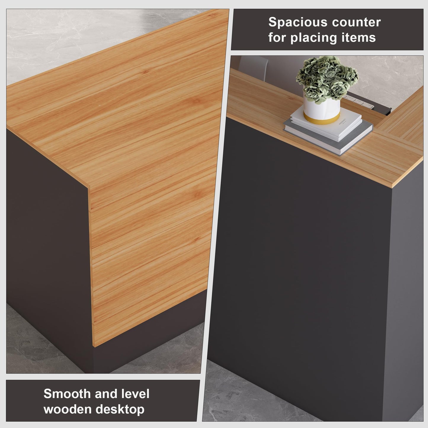 L-Shaped Reception Desk with Lockable Drawers, Adjustable File Cabinet & Keyboard Tray, Modern Front Counter for Office, Salon, or Lobby (Right-L Natural Wood/Slate Gray, 70.9''L x 23.6''W x 41.3''H)