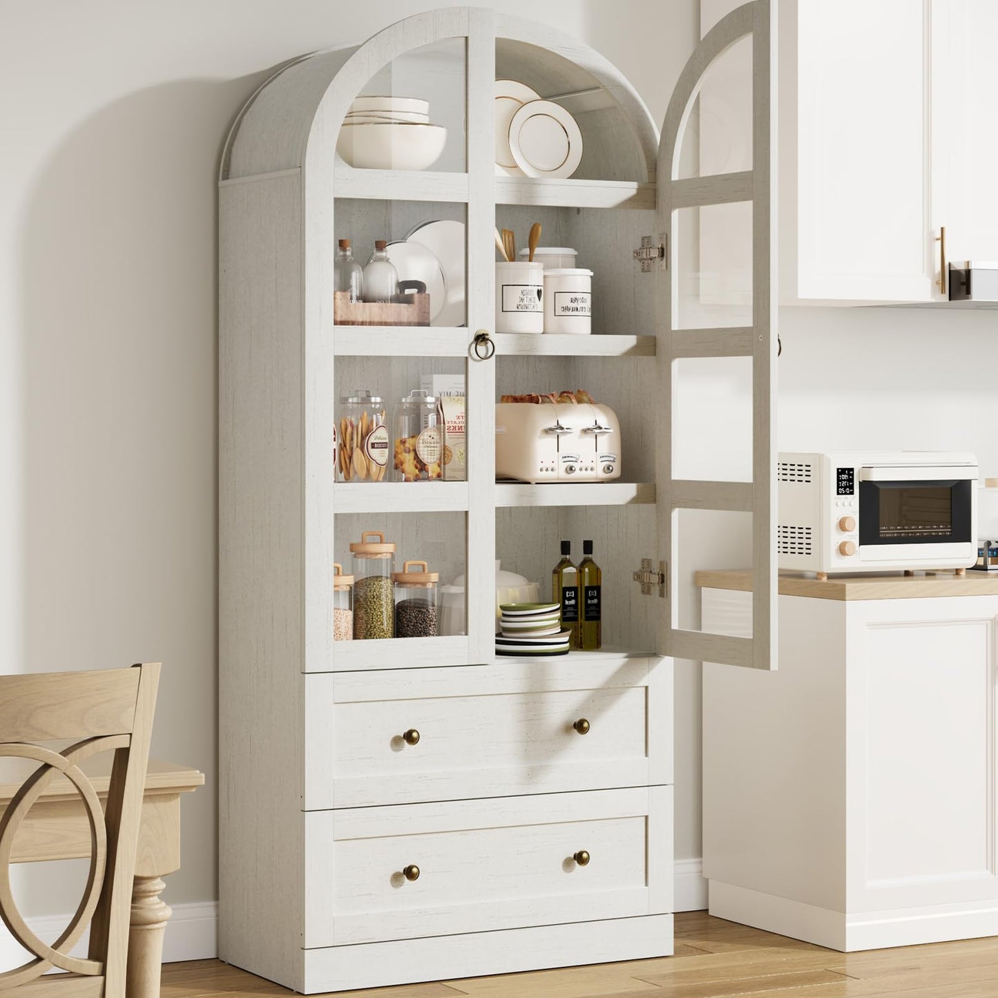 GarveeHome 71" Tall Arched Bookcase Cabinet, Wood Arched Bookshelf with Doors & Drawers, Large Arch Display Bookcase Cabinet with Storage, Farmhouse Storage Cabinet for Office Living Room, Retro White