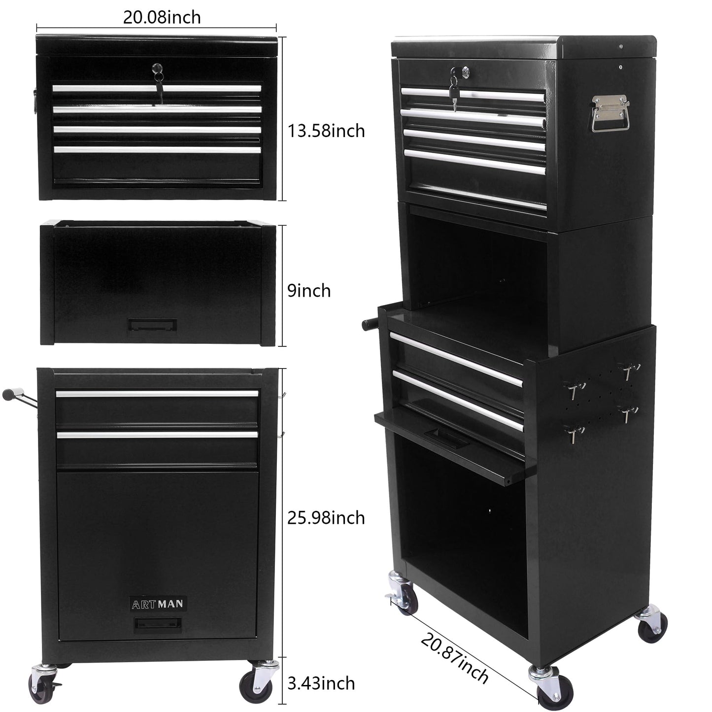 GDFStudio 20.87" Detachable 6-Drawer Rolling Tool Chest with Bottom Cabinet, Lockable Metal Tool Cabinet with Wheels, Hanging Panel, Side Handles, Garage Workshop Storage Cart, Black