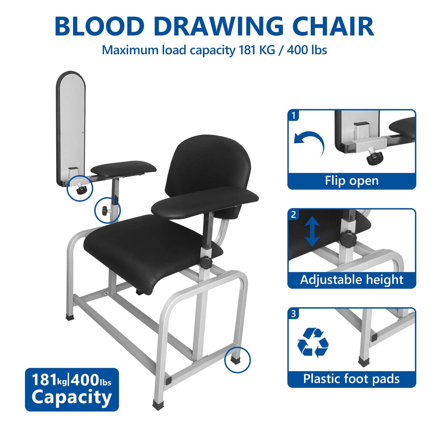 Helsevesen Blood Drawing Phlebotomy Chair, Comfortable Padded Lab Draw Chair with Adjustable Armrest (Black)