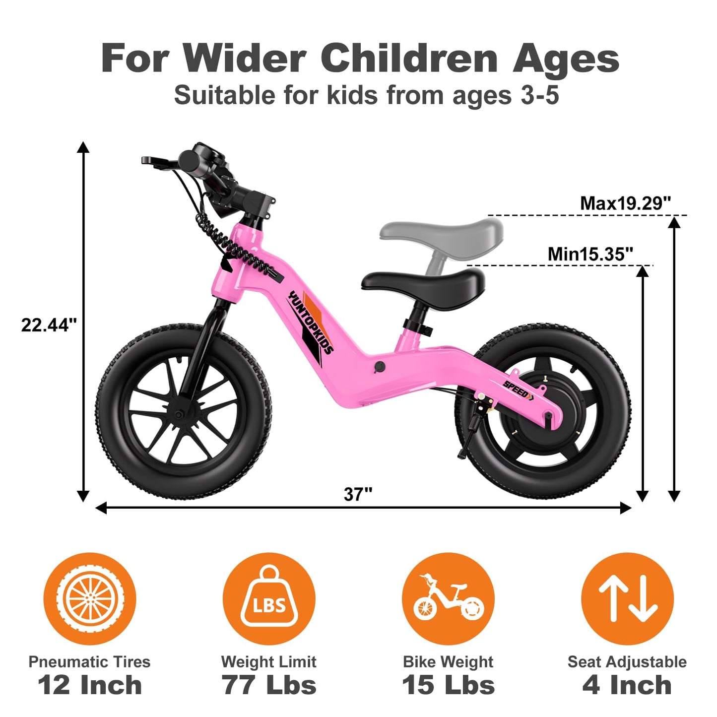 YunTopKids 24V Electric Balance Bike for Kids Ages 3-5, 12" Pneumatic Tires, Safe Kick-to-Start, 3 Speeds Up to 9.3 MPH, 180W Motor, LCD, Quick Charging, LED Lights (Pink)