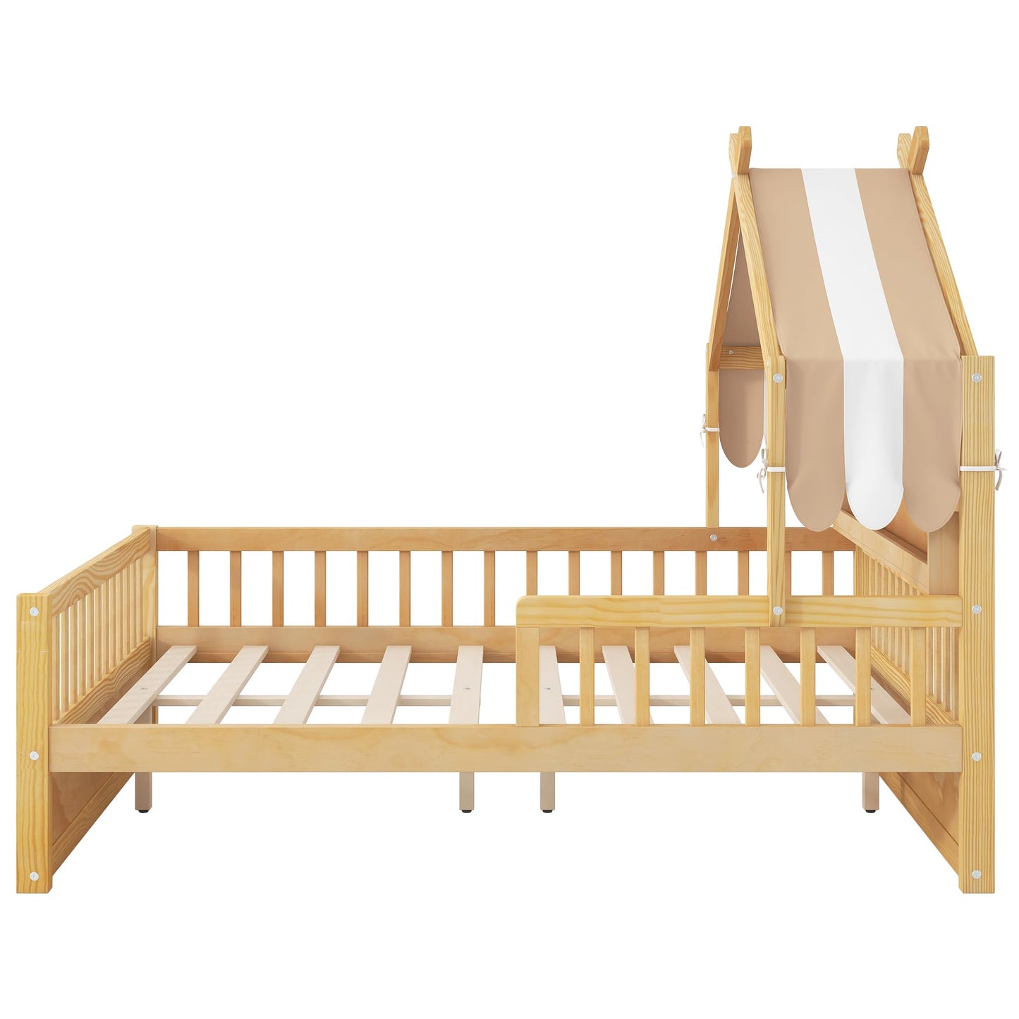 Merax Twin Size House Bed with Storage Headboard Shelf & Removable Canopy, Wooden Platform Bed Frame with Guardrail for Boys Girls Teens Bedroom Use, No Box Spring Needed, Natural