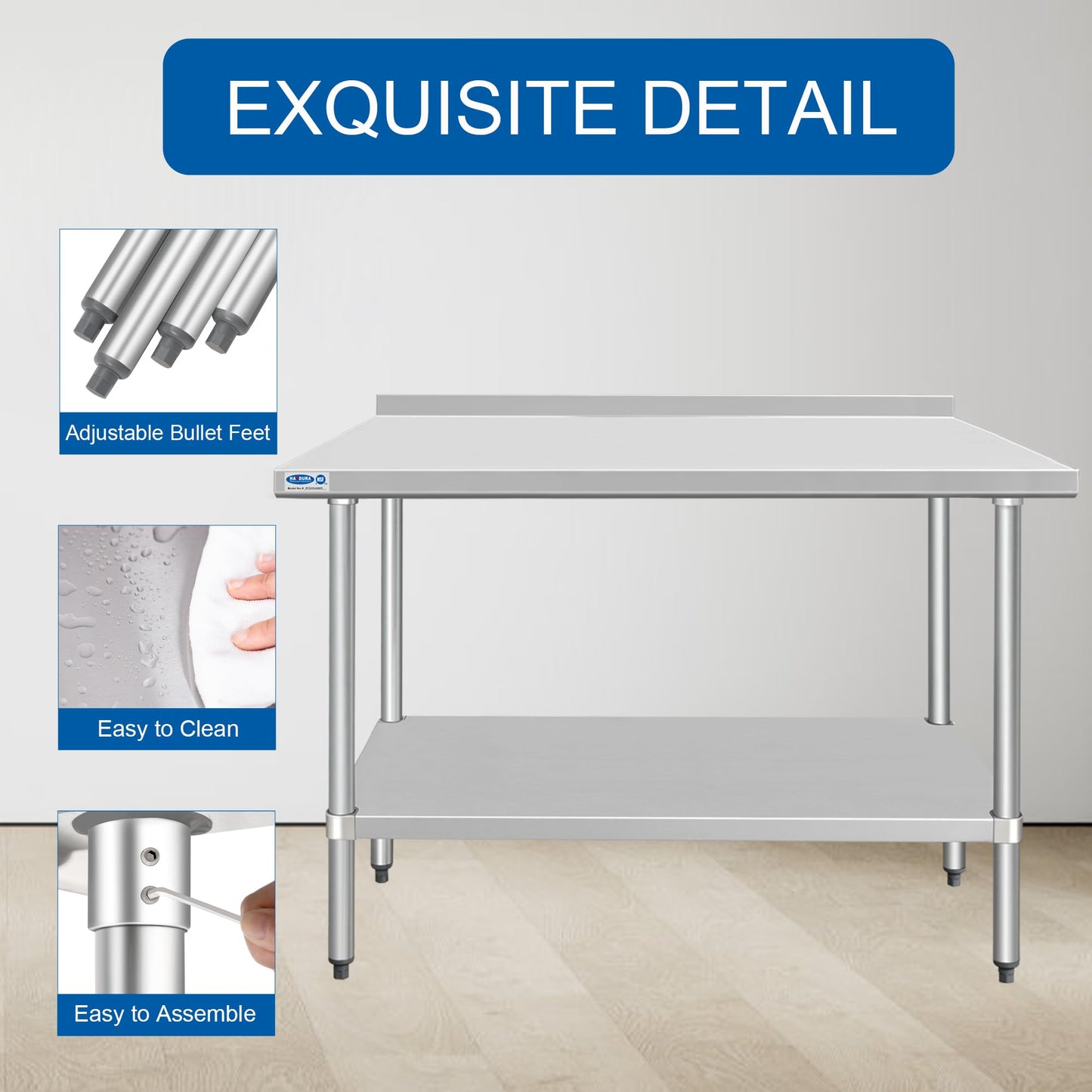 HARDURA Stainless Steel Table with backsplash 30 x 48 Inches Kitchen Prep Table Heavy Duty Stainless Steel Workbench NSF 304 Metel with Aluminium Corner Undershelf for Commercial Restaurant