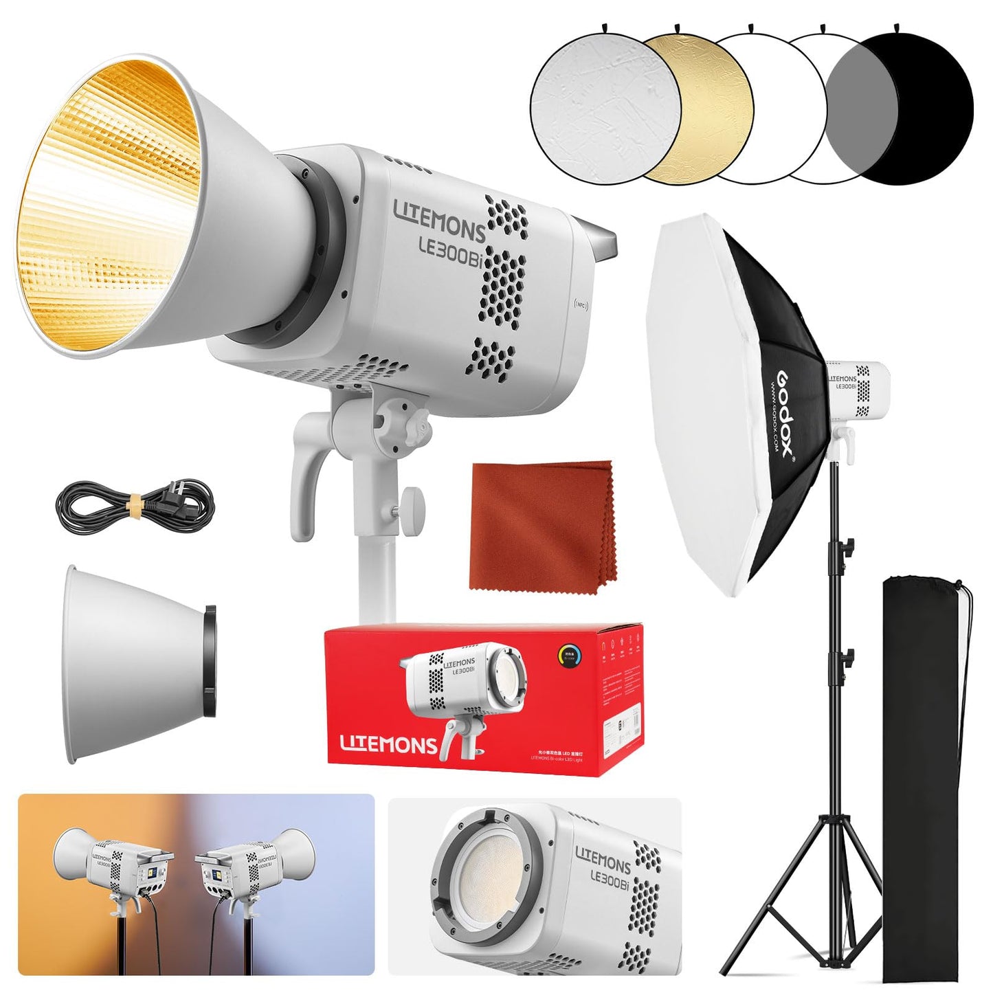 GODOX LE300Bi Light Kit, Godox Litemons LE300Bi Video Light with Softbox Light Stand, Bowens Mount, DMX/Bluetooth APP Control, NFC Connection, 2800K~6500K, 58900Lux@1m, CRI/TLCI98, 11 Fx Effects