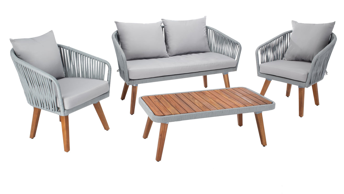 SAFAVIEH Outdoor Collection Ransin Grey/Grey/Natural Solid Wood 4-Piece Conversation Patio Set