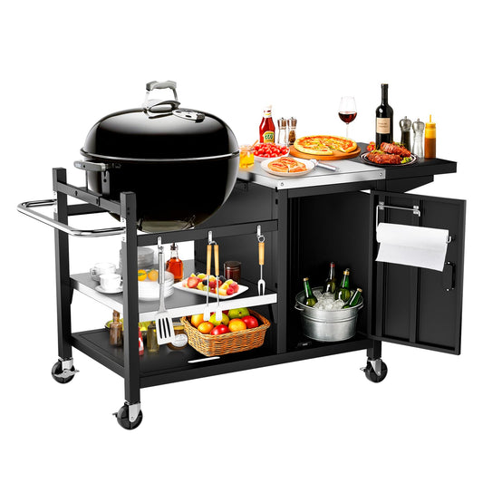 Utheer Grill Table Cart for Weber Kettle 22" Charcoal Grill, Big Green Egg, AKORN Jr – Oversized 47.7"x32.2" Surface (30% Larger) with 3-Level Adjustable Shelf, Storage Cabinet, Hooks & Towel Holder