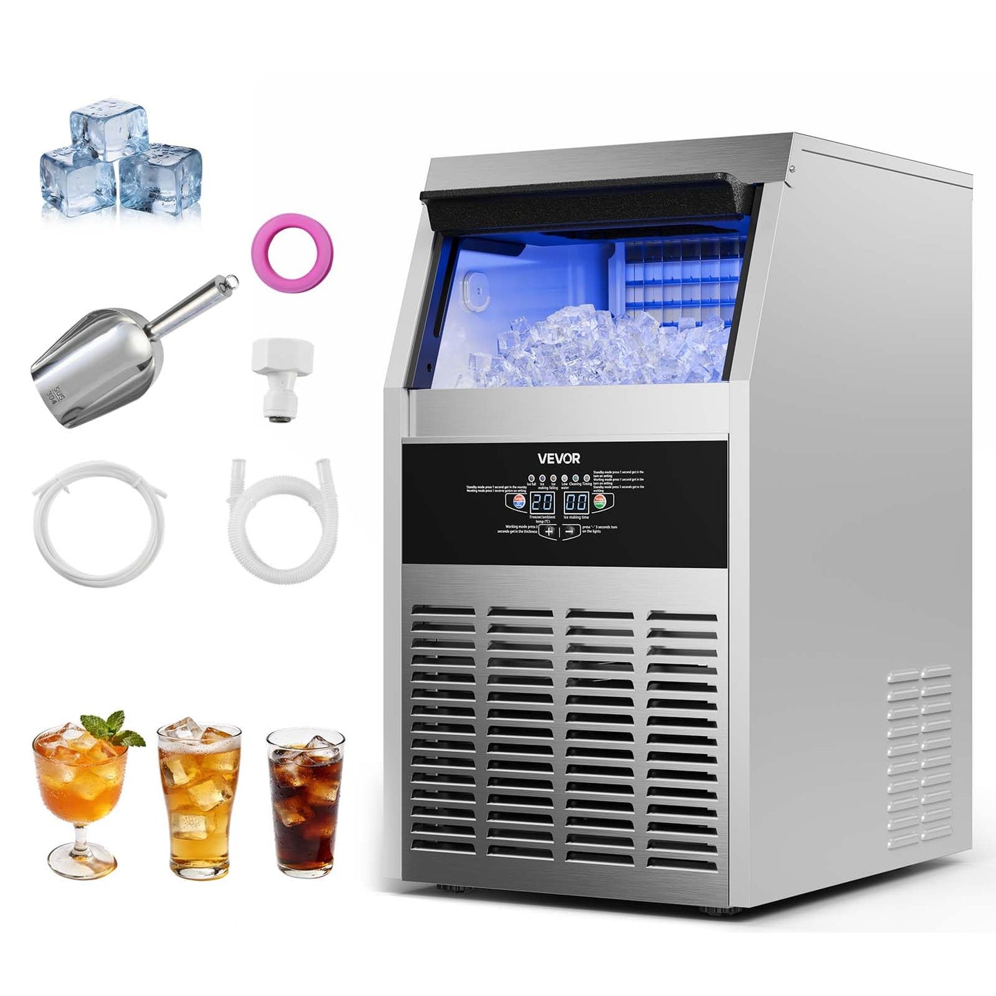 VEVOR Commercial Ice Maker Machine, 160 lbs/24h with 30 lbs Storage Capacity, Built-in/Freestanding/Under Counter, Stainless Steel Ice Maker with LED Display & Self-Cleaning, for Home Bar Restaurant