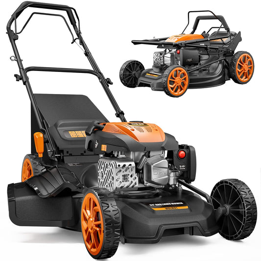 21” Self Propelled Lawn Mower Gas, 170CC 4-IN-1 Mulch/Rear Bag/Side Discharge/Rear Discharge, Walk-Behind Gas Lawnmower with 7-Position Cutting Height, Foldable Gas Powered Lawn Mowers for Lawn Garden