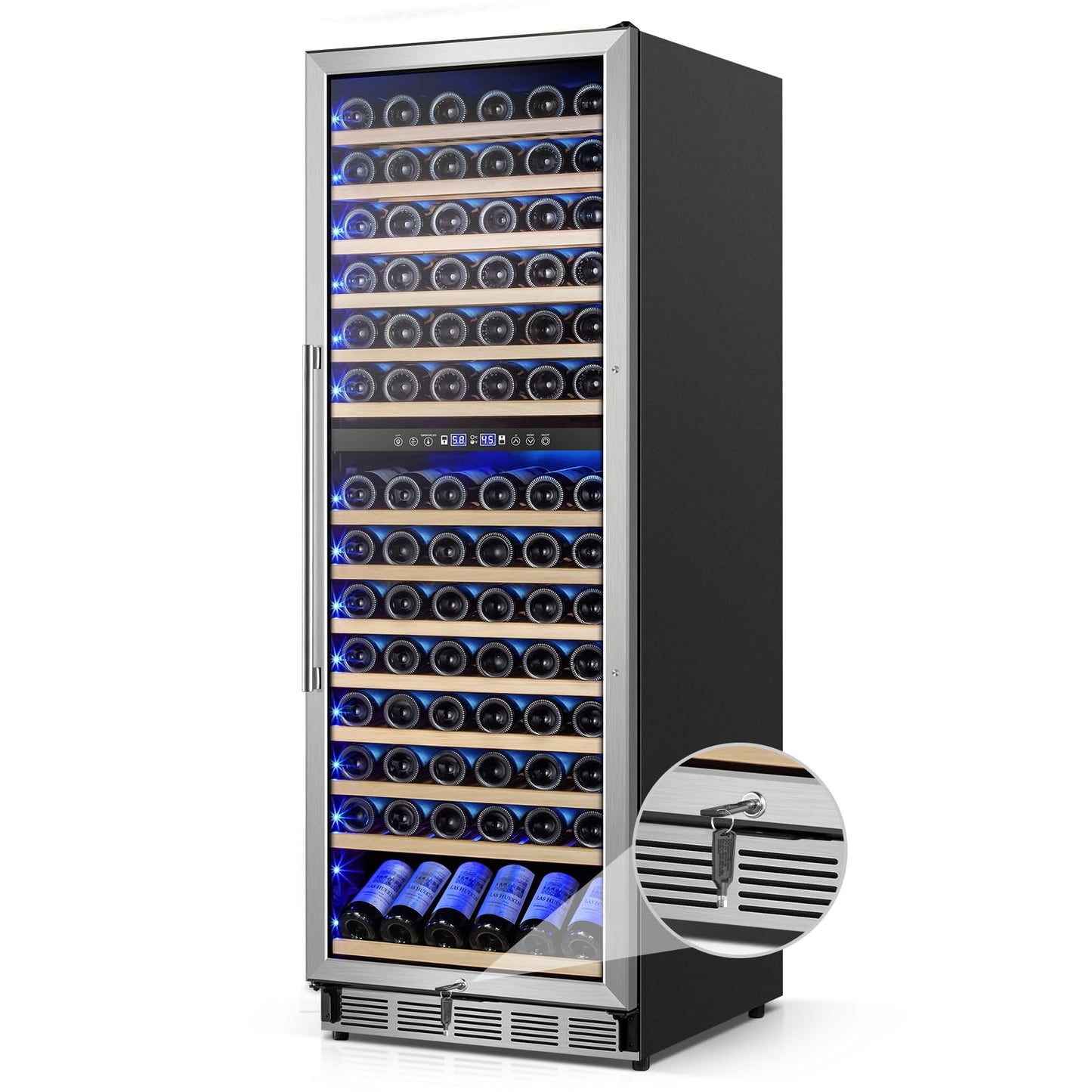 FoMup Wine Cooler Refrigerator 24 Inch, 180 Bottles Large Wine Fridge Dual Zones, Tall Freestanding/Built-in Wine Cellar Professional with Reversible Door Sliding Rail Shelves