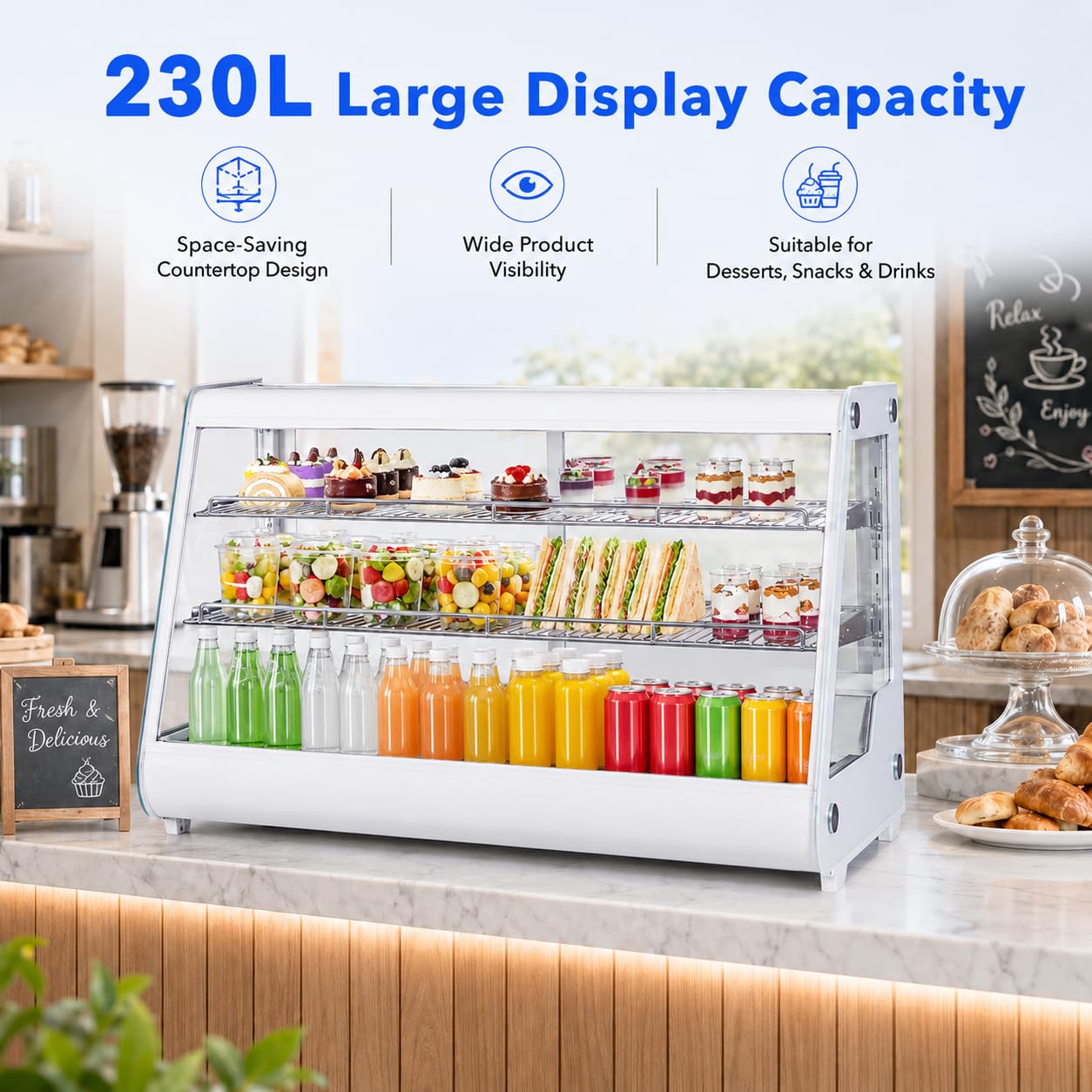 8.1 Cu.Ft Commercial Glass Door Refrigerator | Countertop Display Fridge with LED Lighting for Bakeries, Cafes, Convenience Stores | Energy Efficient, Adjustable Shelves, Auto-Closing Door
