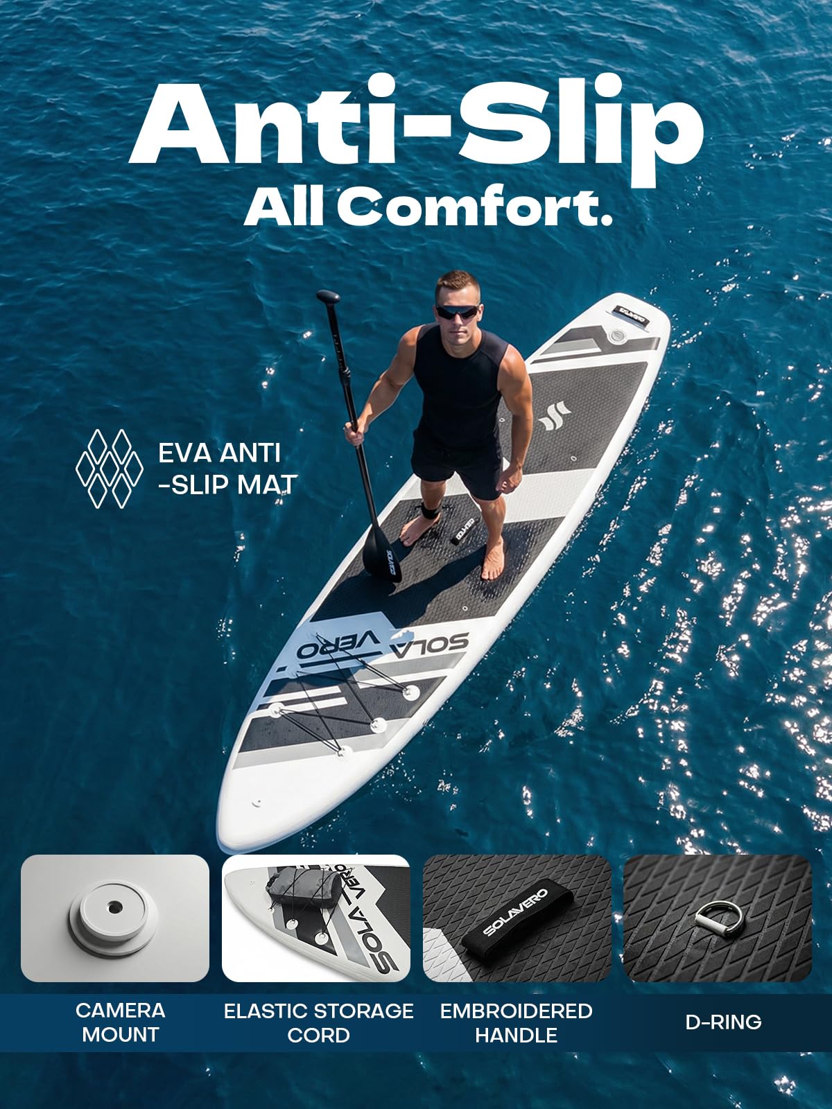 SOLAVERO Inflatable Stand Up Paddle Board, 11' SUP for Adults, Non-Slip Deck for Fishing, Portable Blow Up Paddleboard with Accessories for Beginner, All Skill Levels