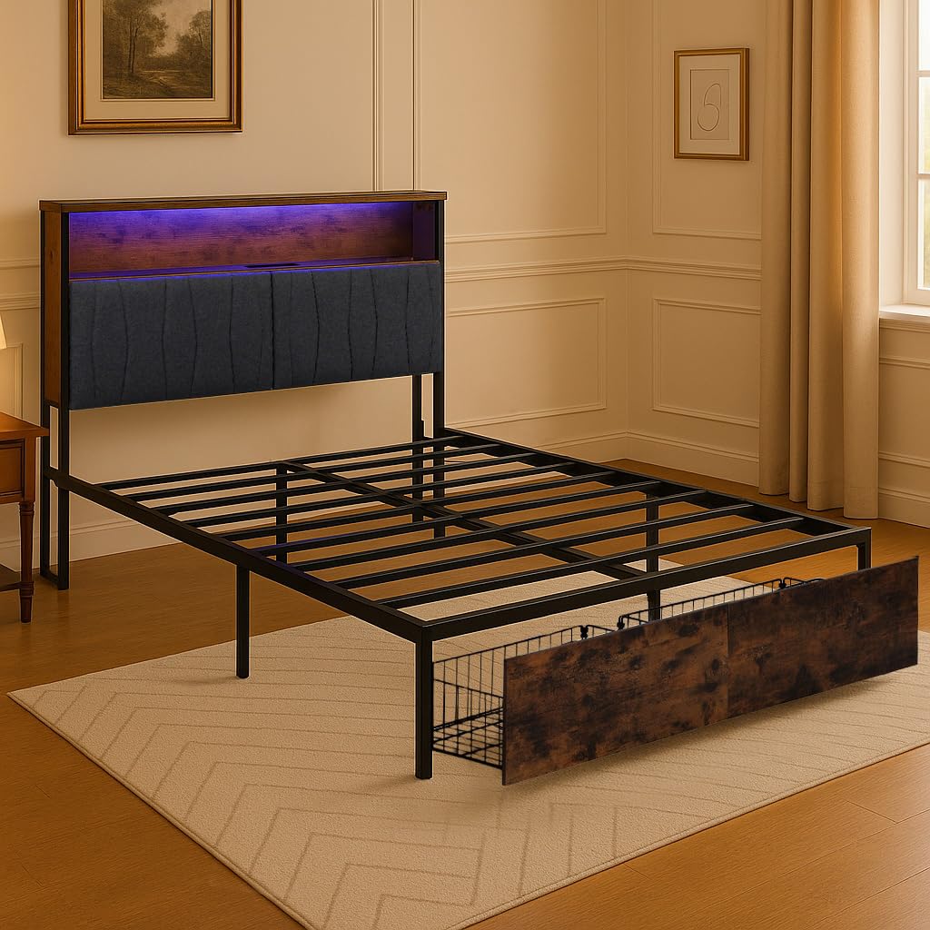 COMHOMA Queen Bed Frame with Headboard and Storage Drawers, Charging Station, Modern Platform Metal Frames with Wood Accents, No Box Spring Needed, Quiet and Sturdy Structure