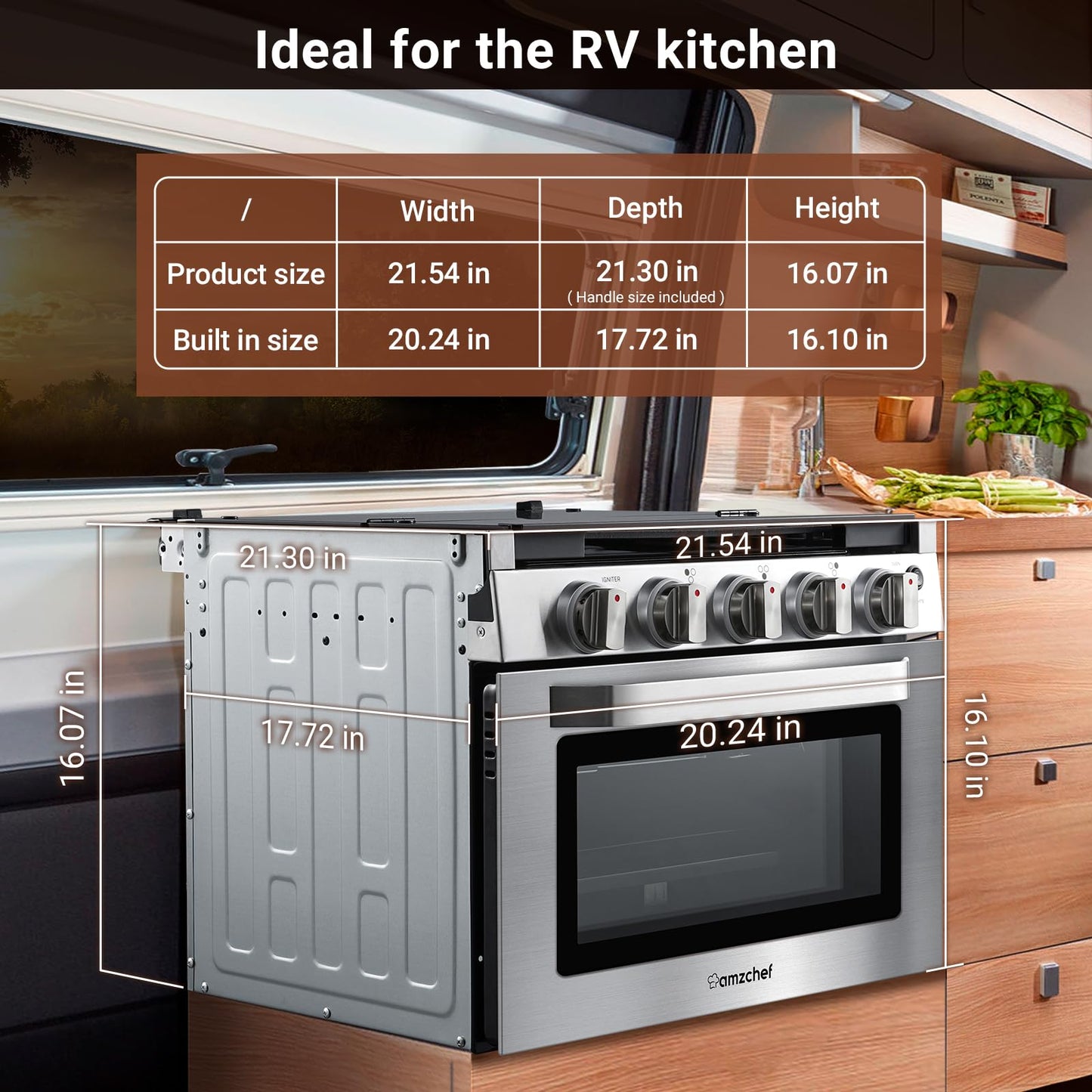 AMZCHEF 17 Inch 3-Burner RV Gas Range with 1.24 Cu.Ft Oven, High Output Propane Stove for Mobile Home, Camper, Apartment, Stainless Steel