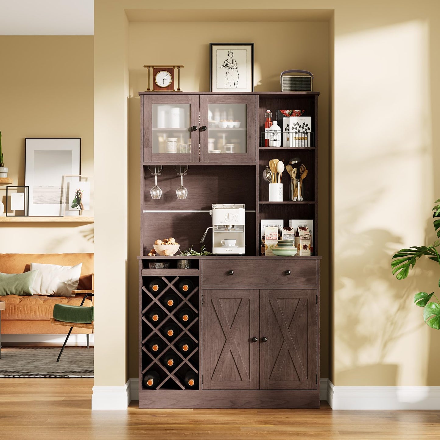 IDEALHOUSE 72 Inch Tall Kitchen Pantry Cabinet with Power Outlet - Wine Bottle Rack, Barn Doors, Ample Storage, Modern Sideboard Buffet for Dining Room, Kitchen, or Home Bar