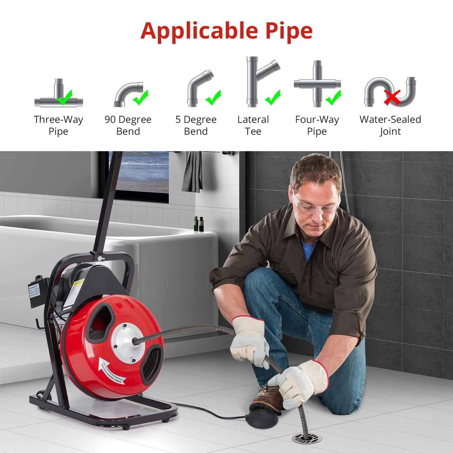 Garvee Drain Cleaner Machine, 50 Ft X 1/2 in Professional Electric Drain Auger for 1 to 4 in Pipes, Portable Electric Drain Snake with 4 Cutters & Foot Switch and Pair of Gloves