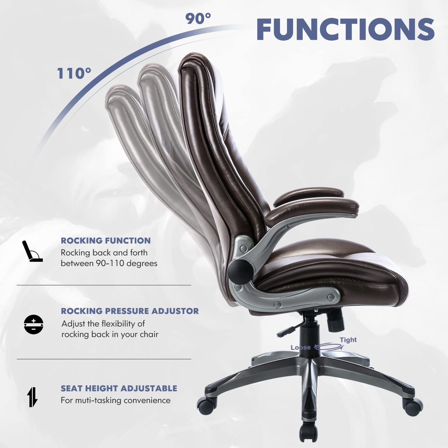 COLAMY Leather Executive Office Chair - High Back Ergonomic Home Computer Desk Chair with Padded Flip-up Arms, Adjustable Tilt Lock, Swivel Rolling Chair for Adult Working Study, Brown